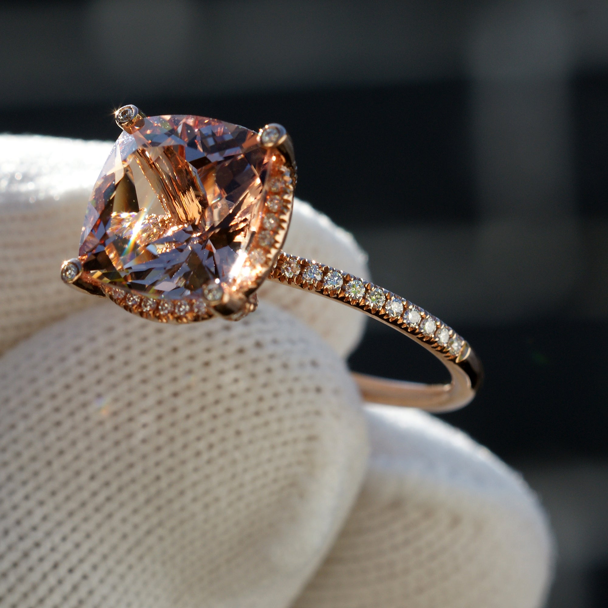 The Desiree Cushion Morganite Ring 10mm 14k Rose Gold
