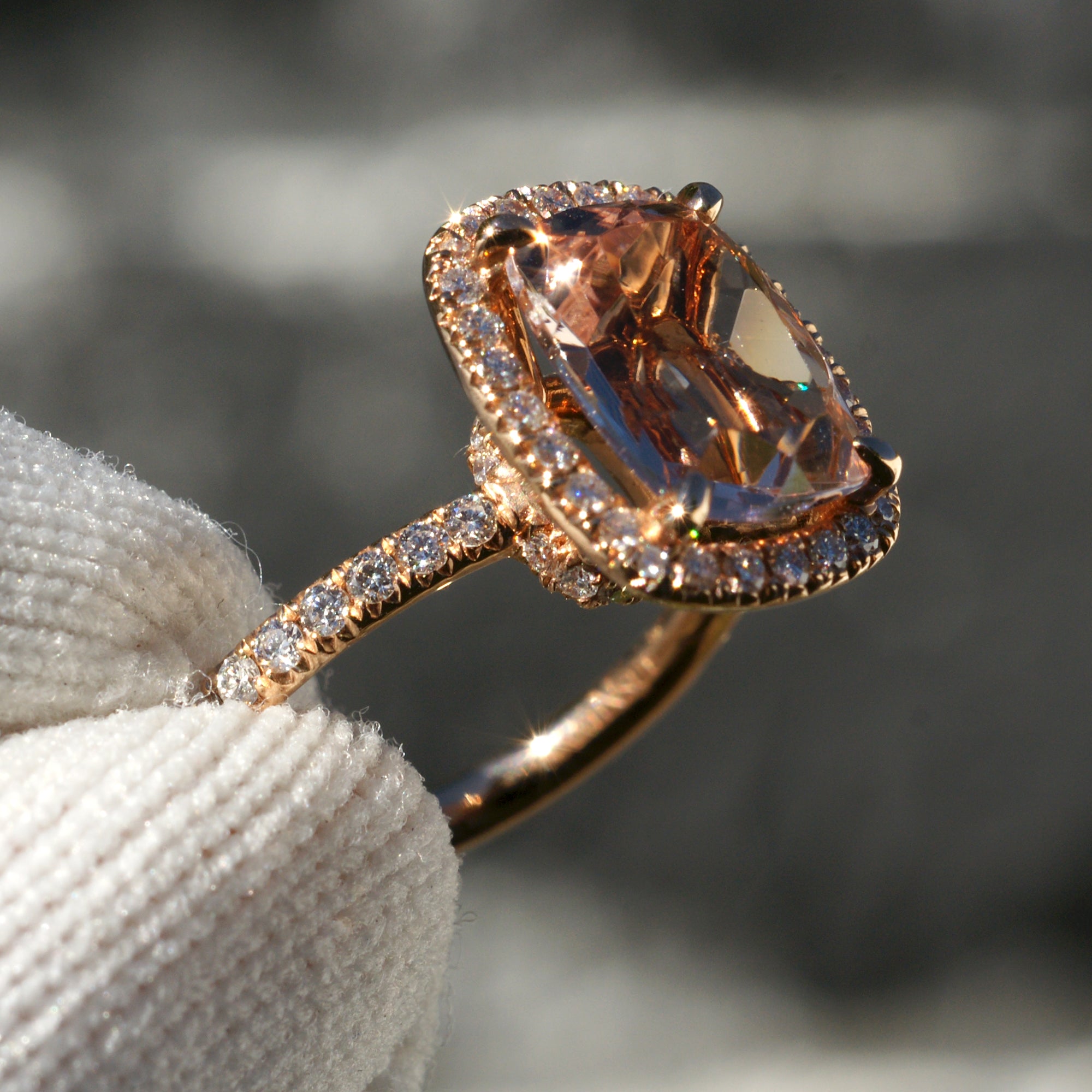 Cushion Morganite Ring 14k Rose Gold 10x8mm - The Drenched