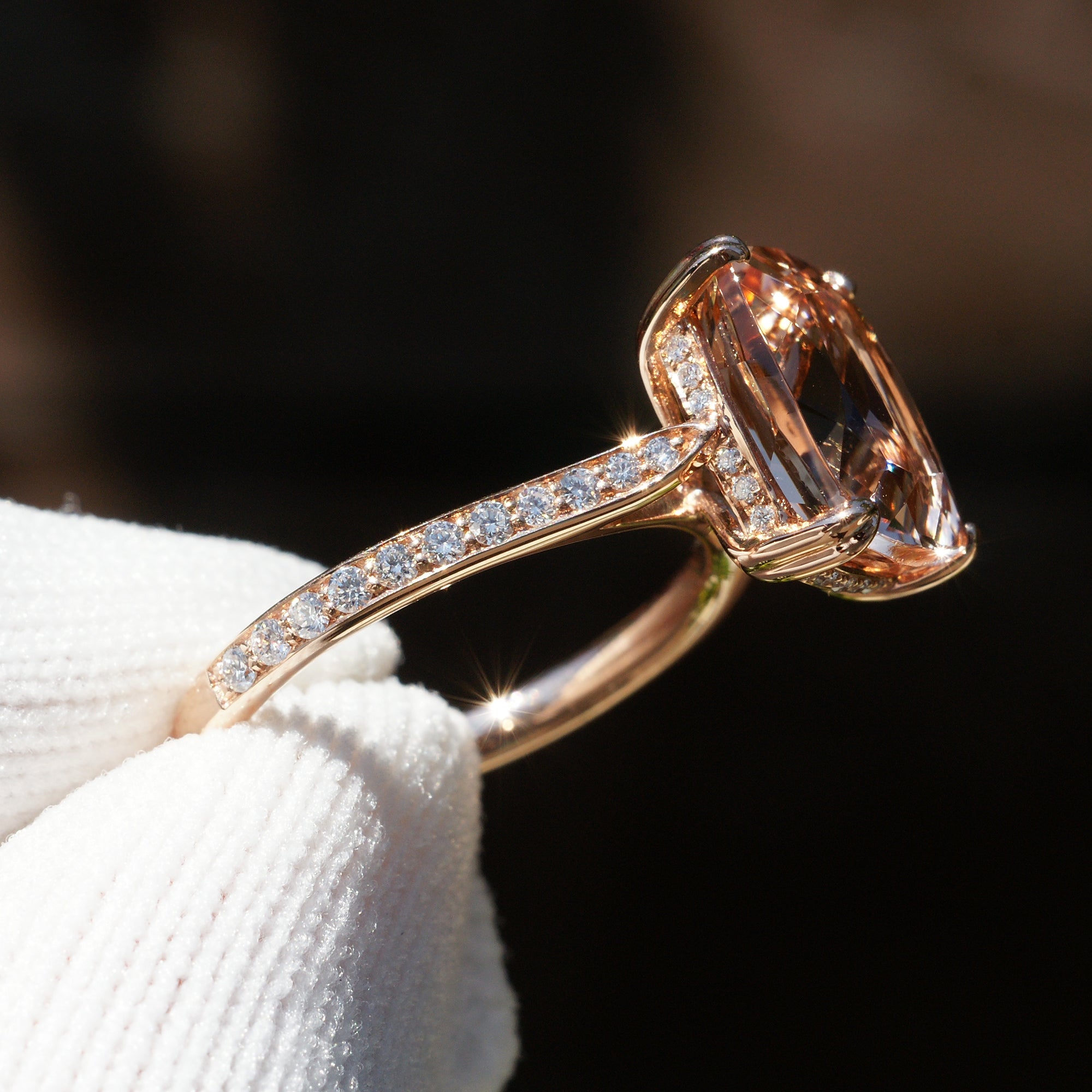 The Emily Cushion Morganite Ring 11x9mm 14k Rose Gold Band & Crown