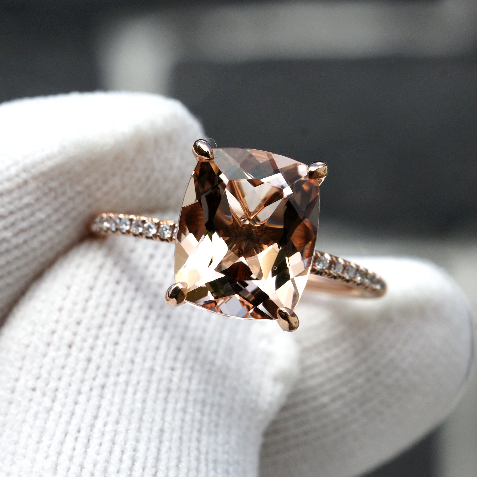 The Ava Cushion Morganite Ring 11x9mm 14k Rose Gold (1.5mm band)