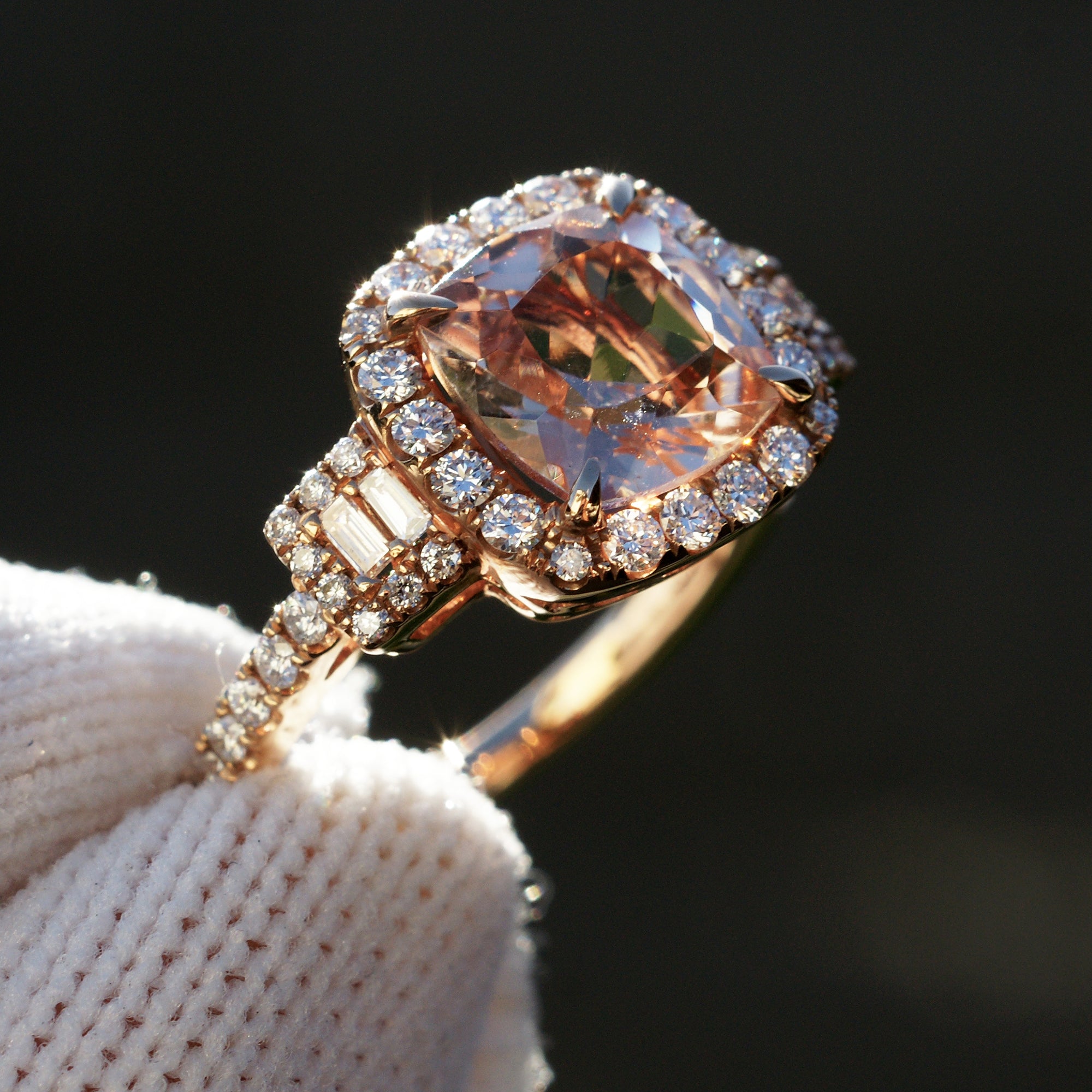 Cushion morganite and diamond engagement ring with halo in rose gold