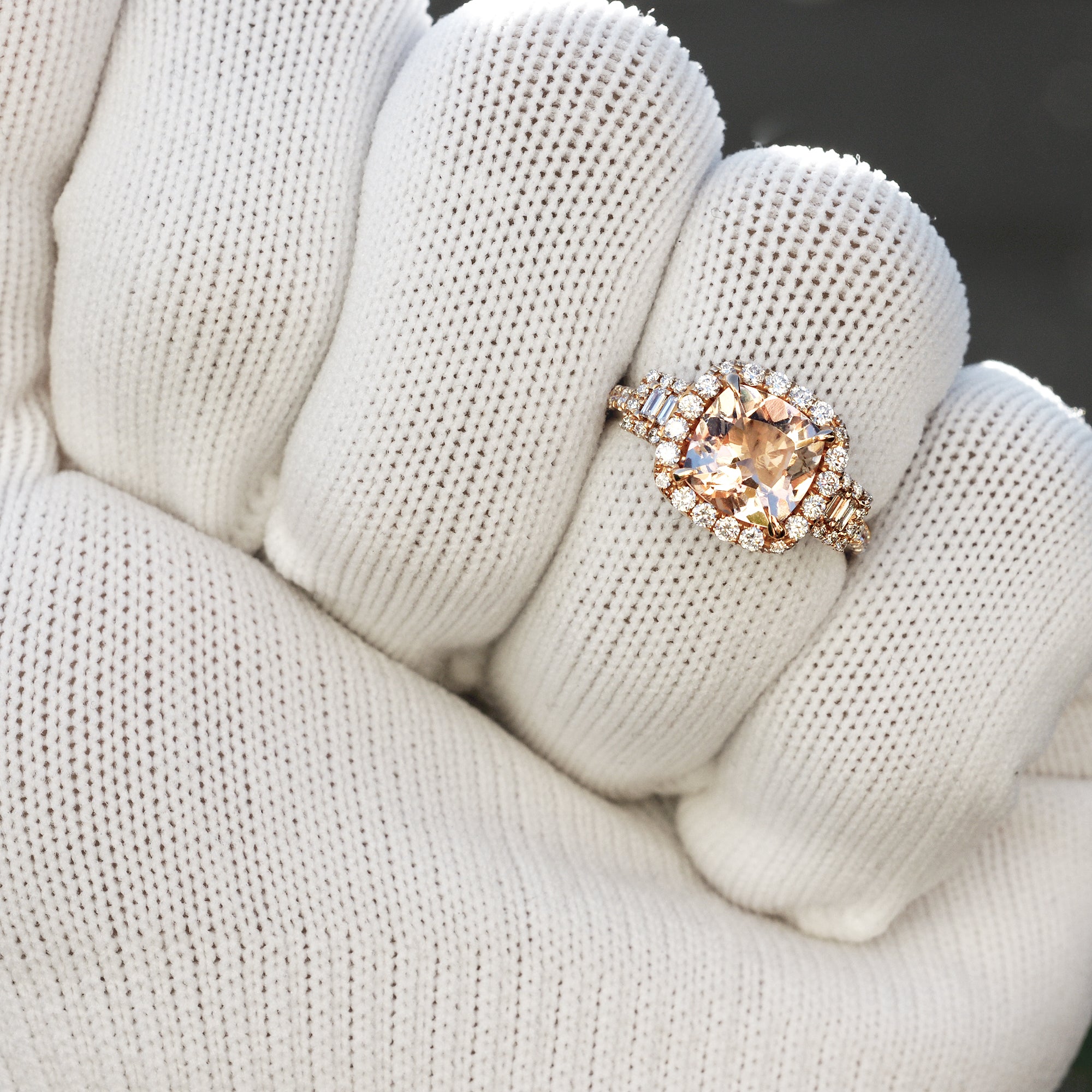 Cushion morganite and diamond engagement ring with halo in rose gold