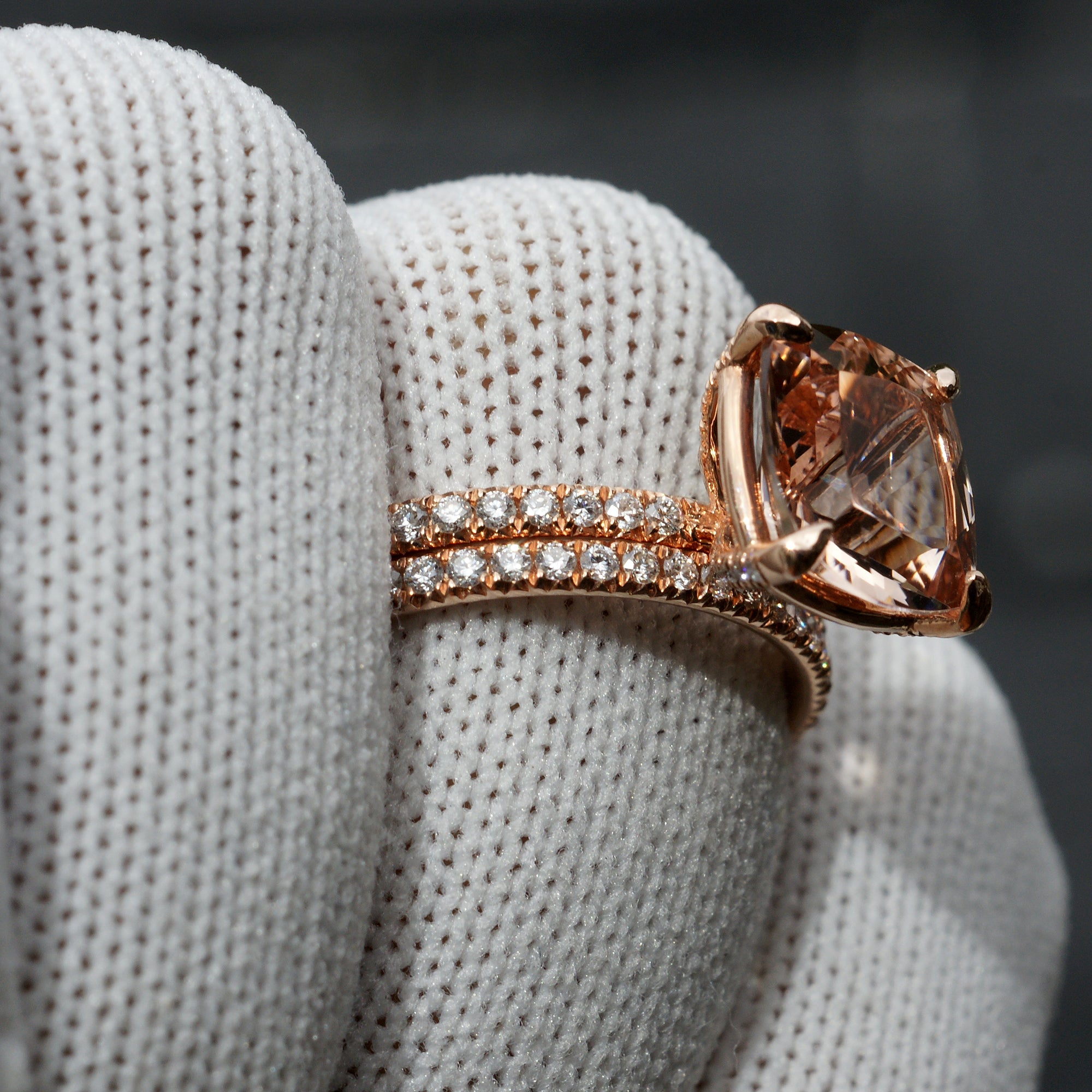 The Ava Cushion Morganite Ring 10x10mm 14k Rose Gold (2mm band) Wedding Set