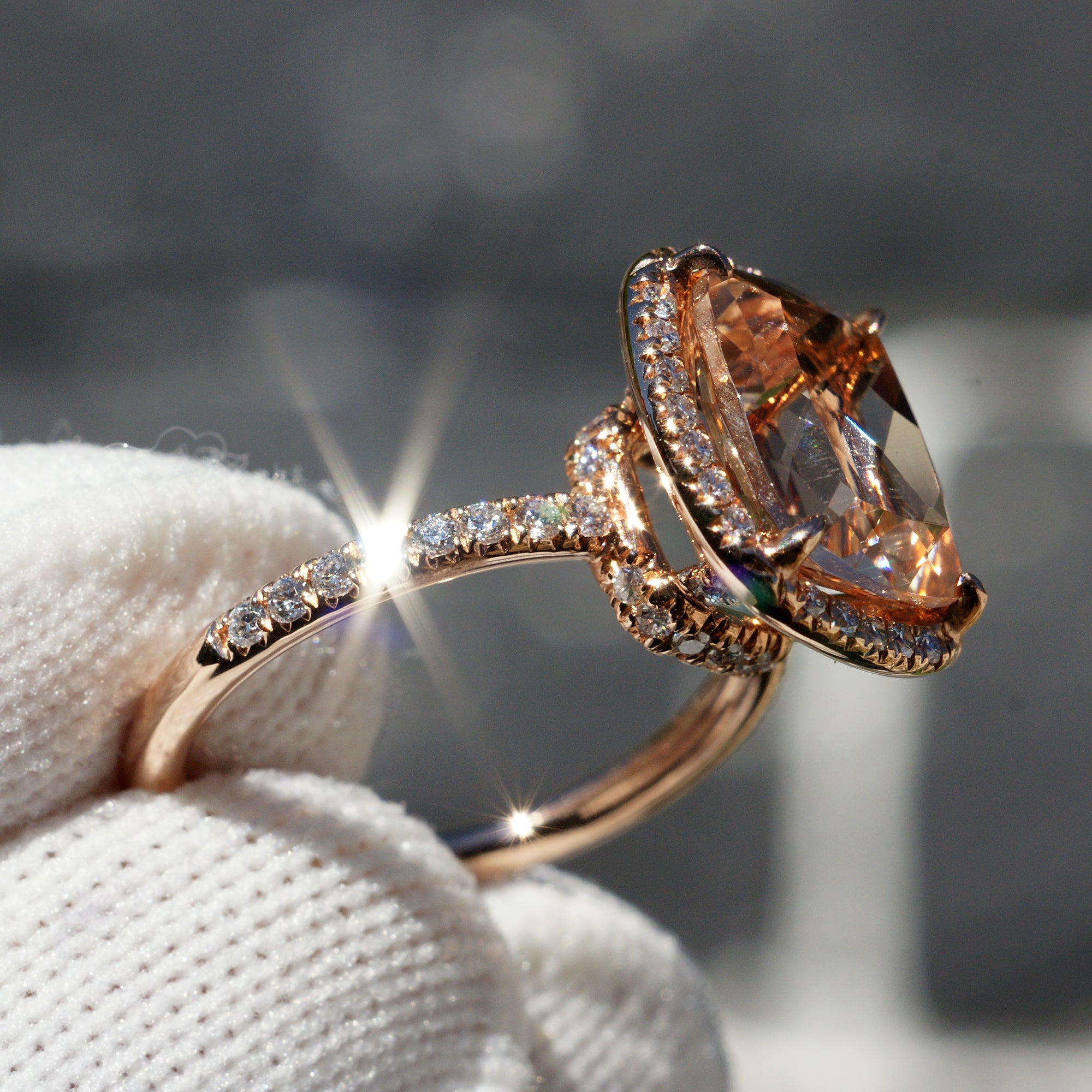 Princess Cut Morganite Engagement Ring, Three Stone Wedding Ring 1.88 Carat  14K White Gold Vintage Antique Style Engraved Handmade
