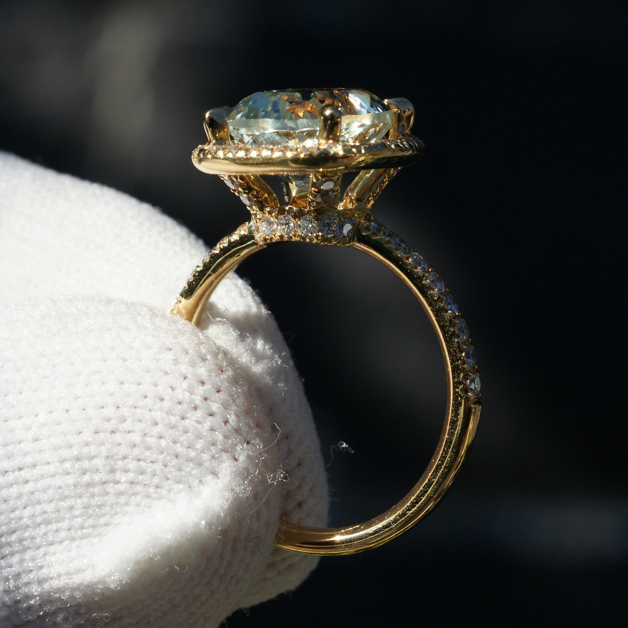 The Drenched Cushion Prasiolite Ring 18k Yellow Gold 10x8mm