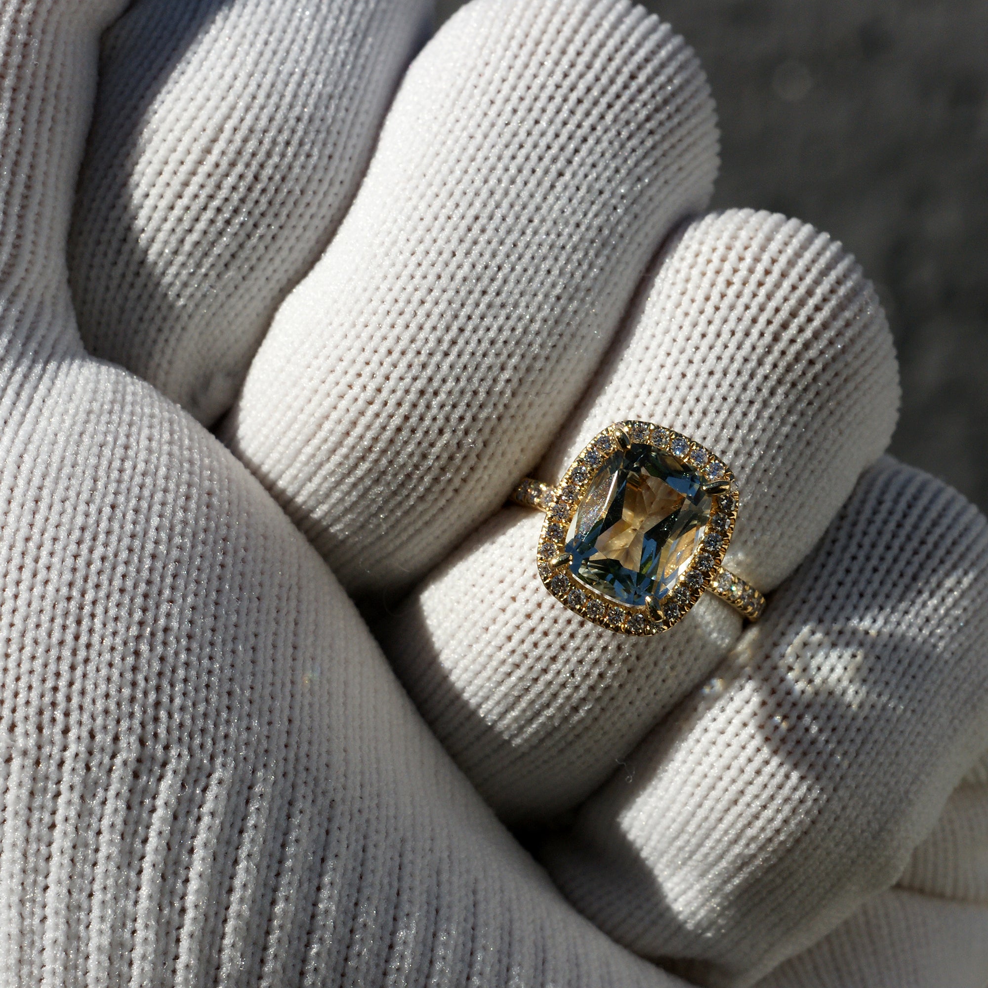 The Drenched Cushion Prasiolite Ring 18k Yellow Gold 10x8mm
