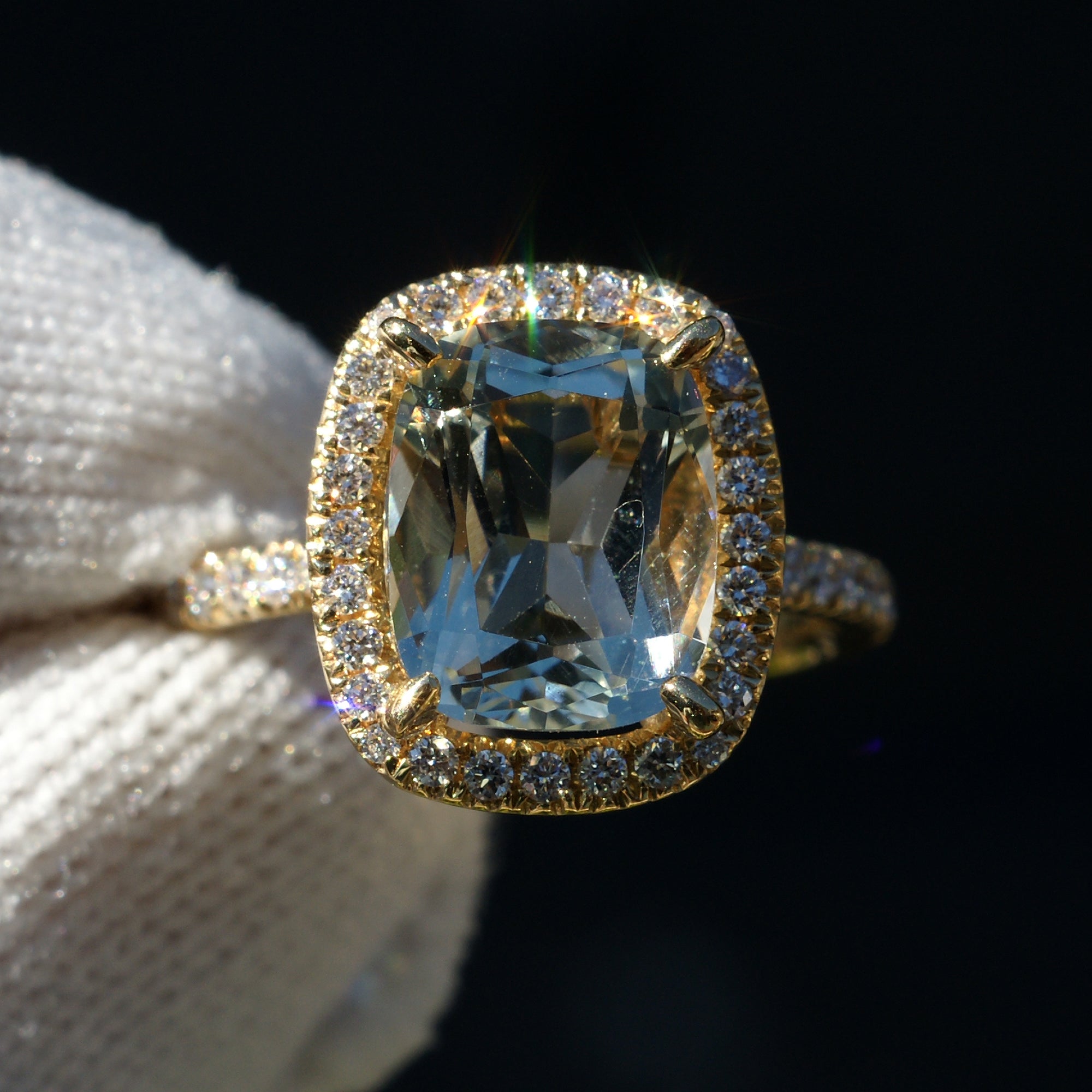 The Drenched Cushion Prasiolite Ring 18k Yellow Gold 10x8mm