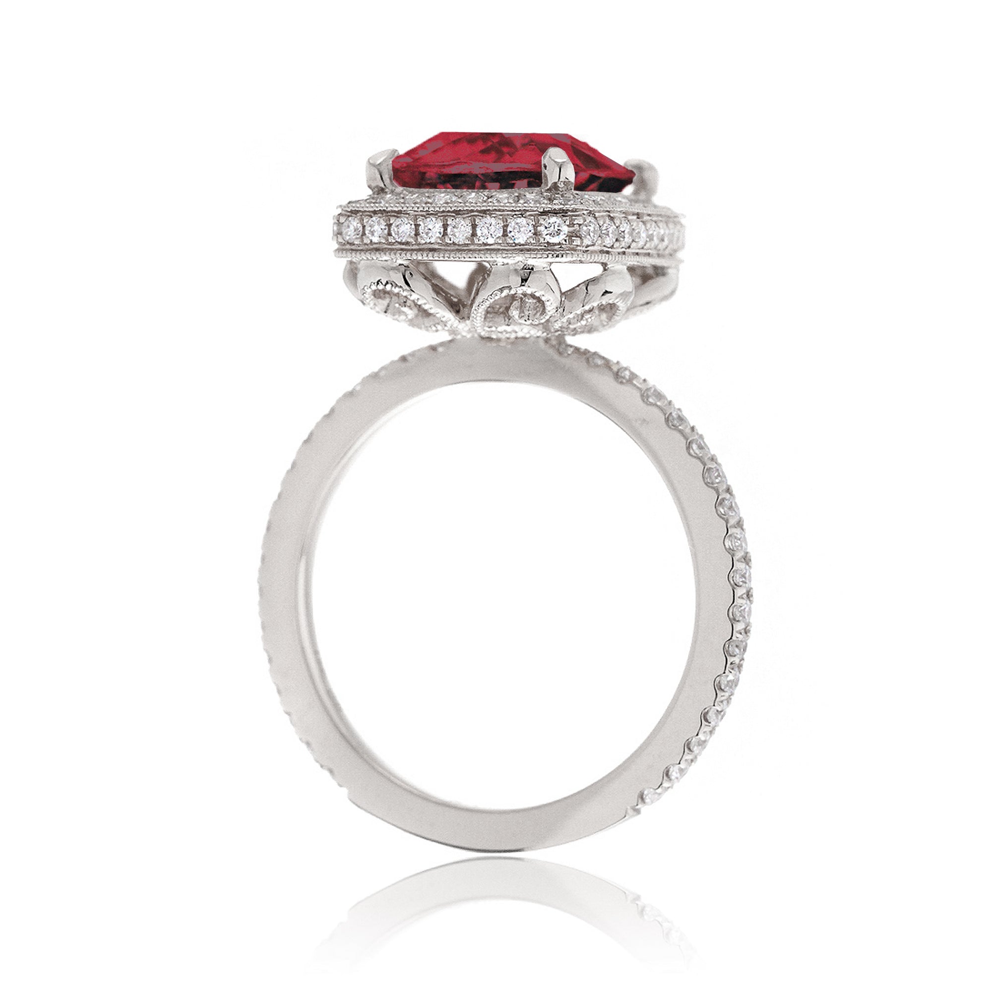 Cushion ruby engagement ring with diamond halo and band vintage style ring white gold