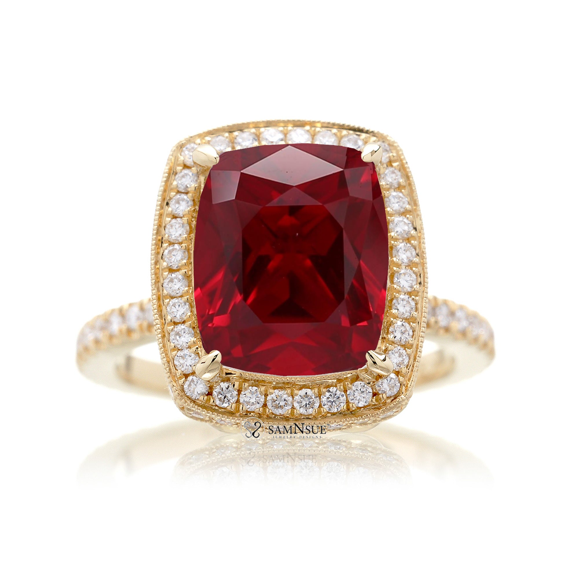 Cushion ruby engagement ring with diamond halo and band vintage style ring yellow gold