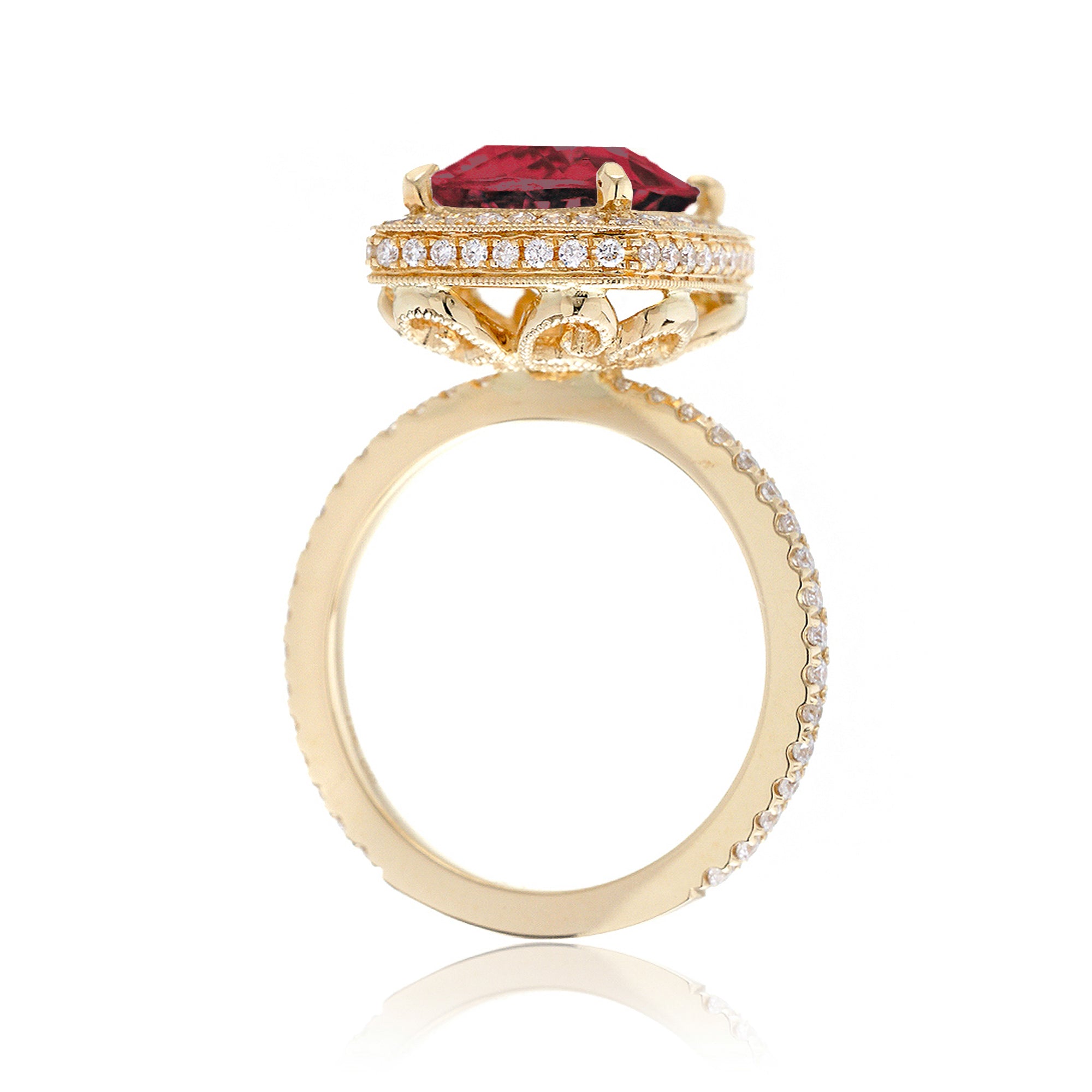 Cushion ruby engagement ring with diamond halo and band vintage style ring yellow gold