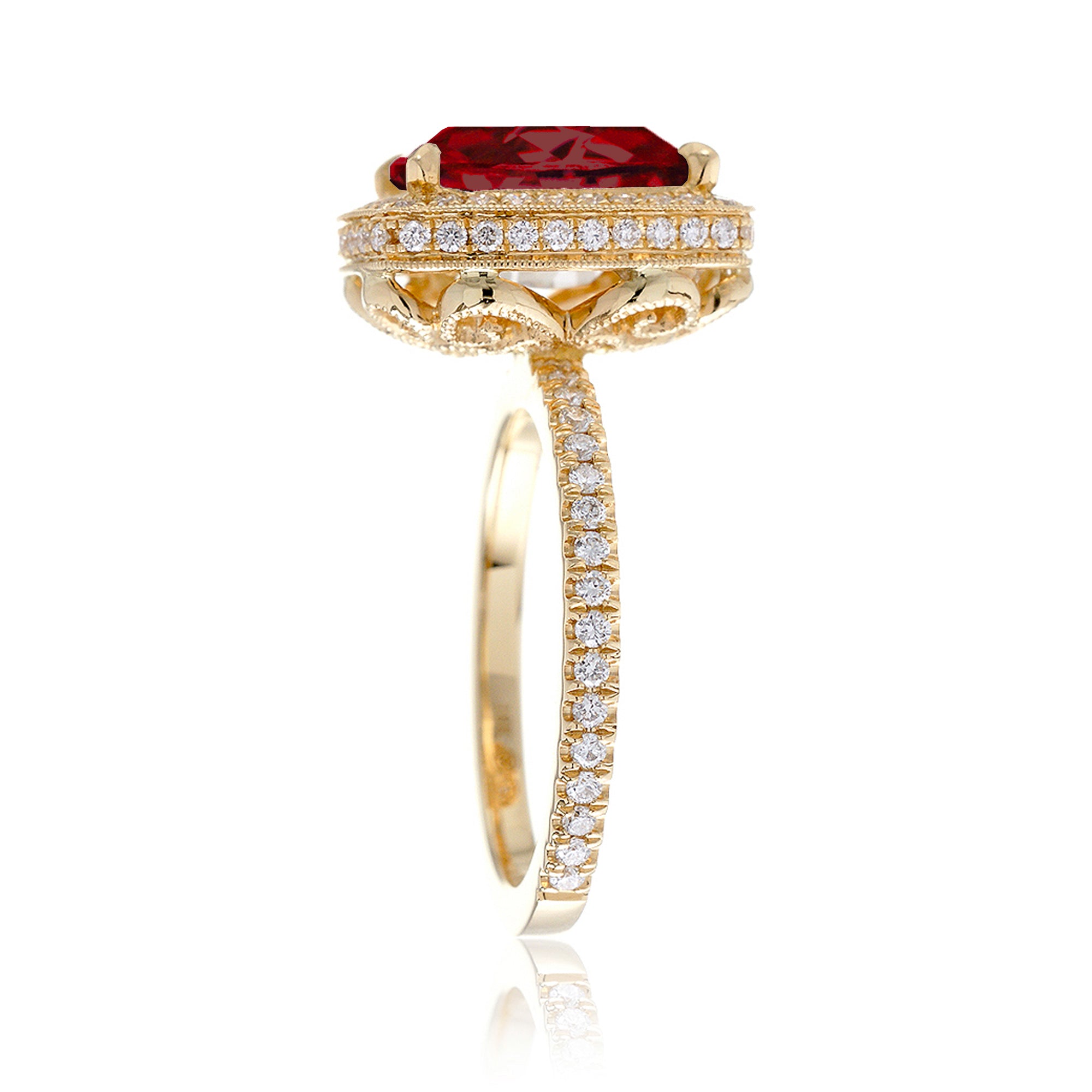 Cushion ruby engagement ring with diamond halo and band vintage style ring yellow gold
