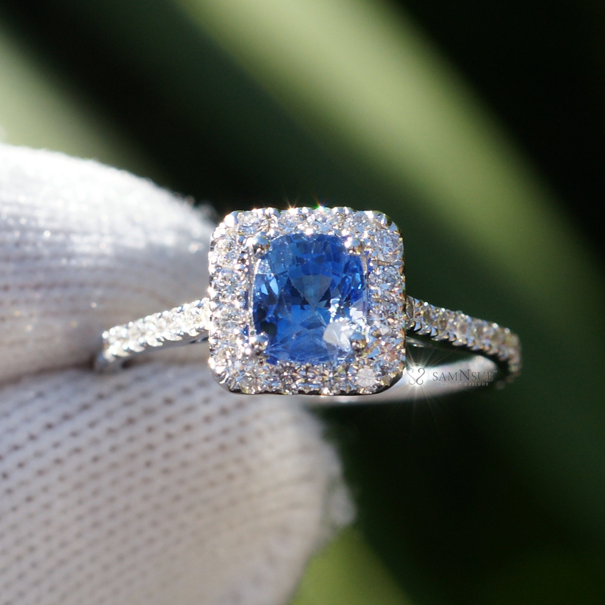Cushion Ceylon Sapphire diamond halo engagement ring white gold - The Gwen
