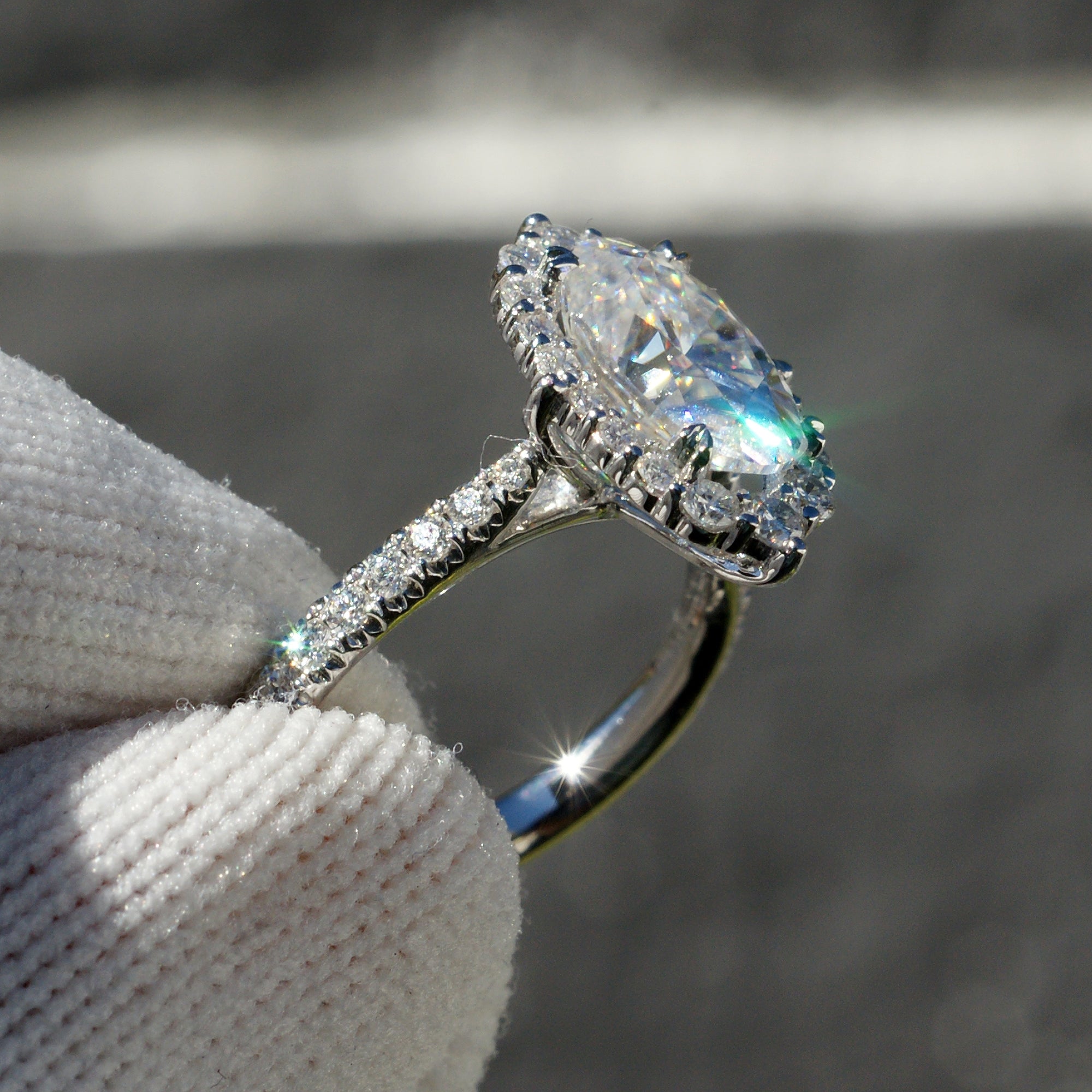 Elongated Oval Moissanite Ring 10x6mm 18k White Gold -The Haley