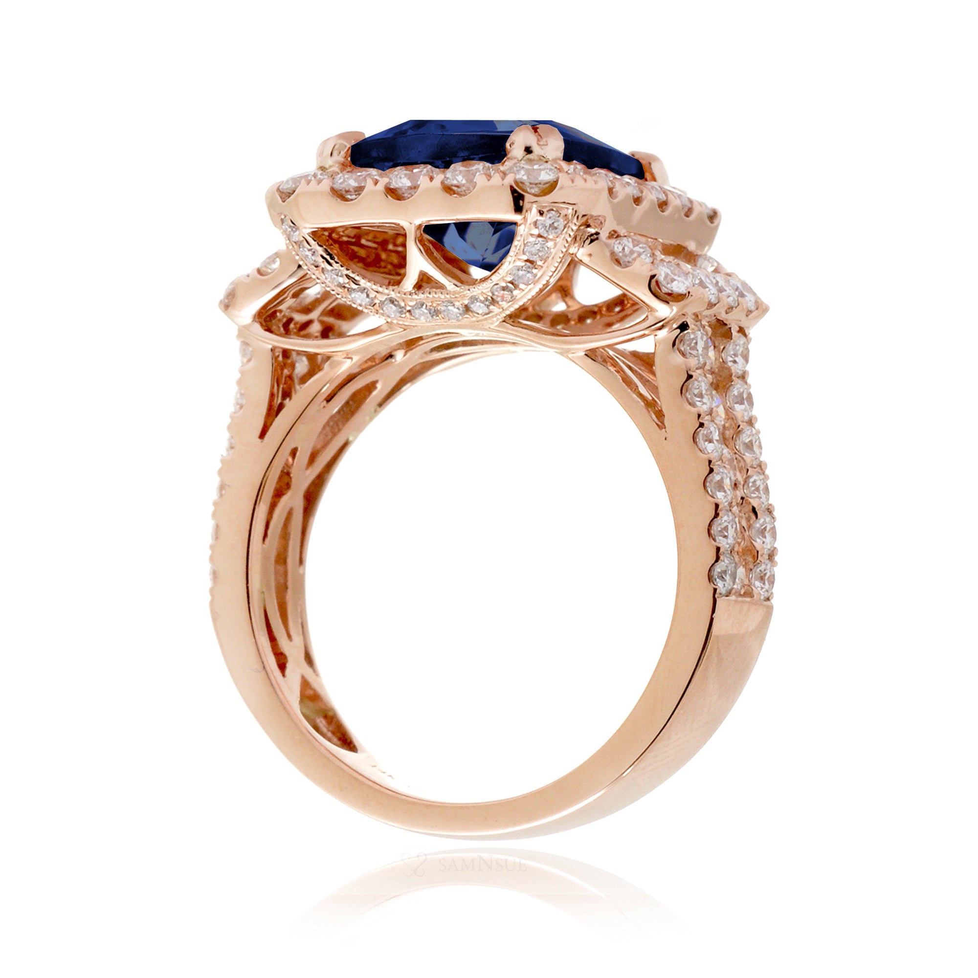 Emerald-Cut Blue Sapphire Double Halo Diamond Ring in Rose Gold