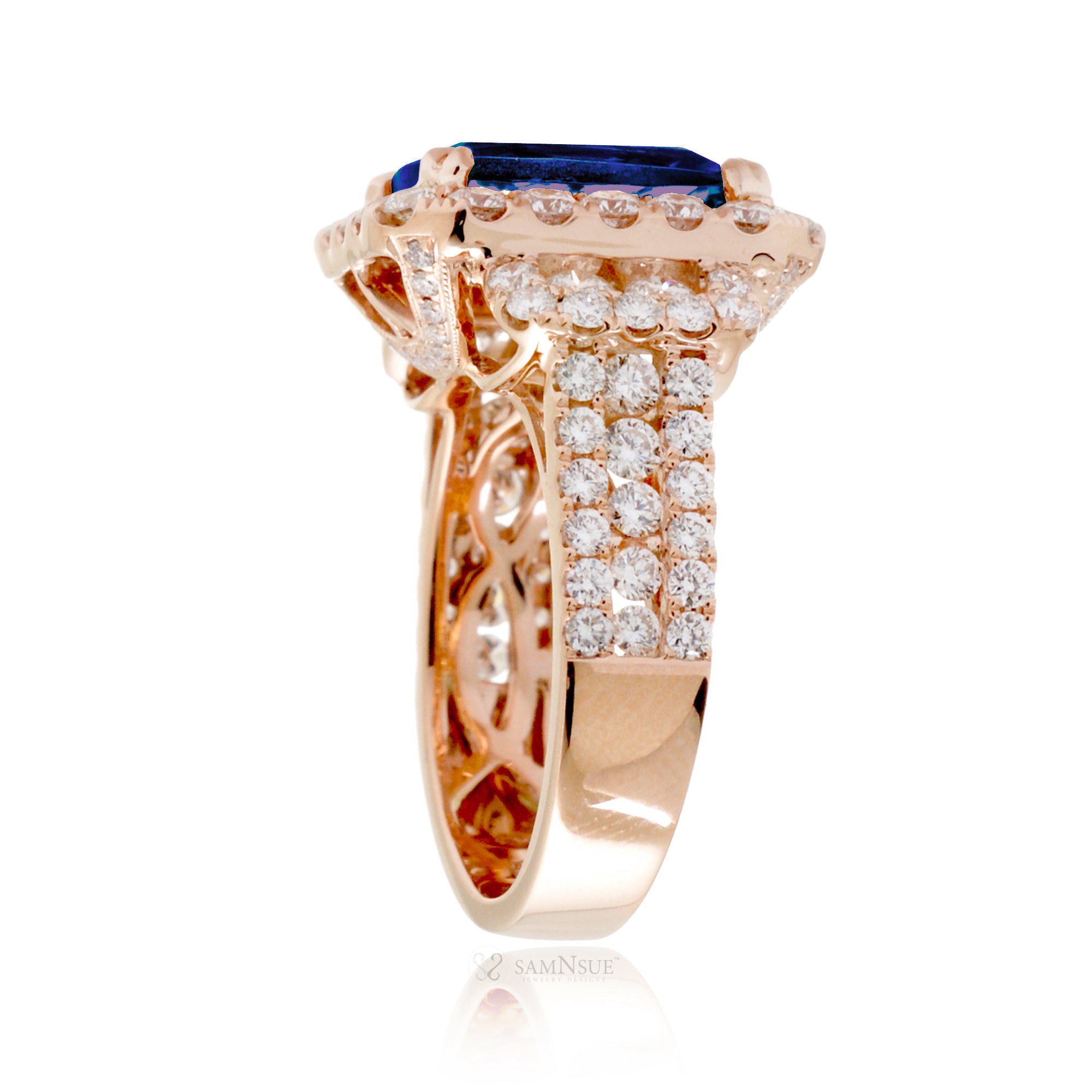 Emerald-Cut Blue Sapphire Double Halo Diamond Ring in Rose Gold