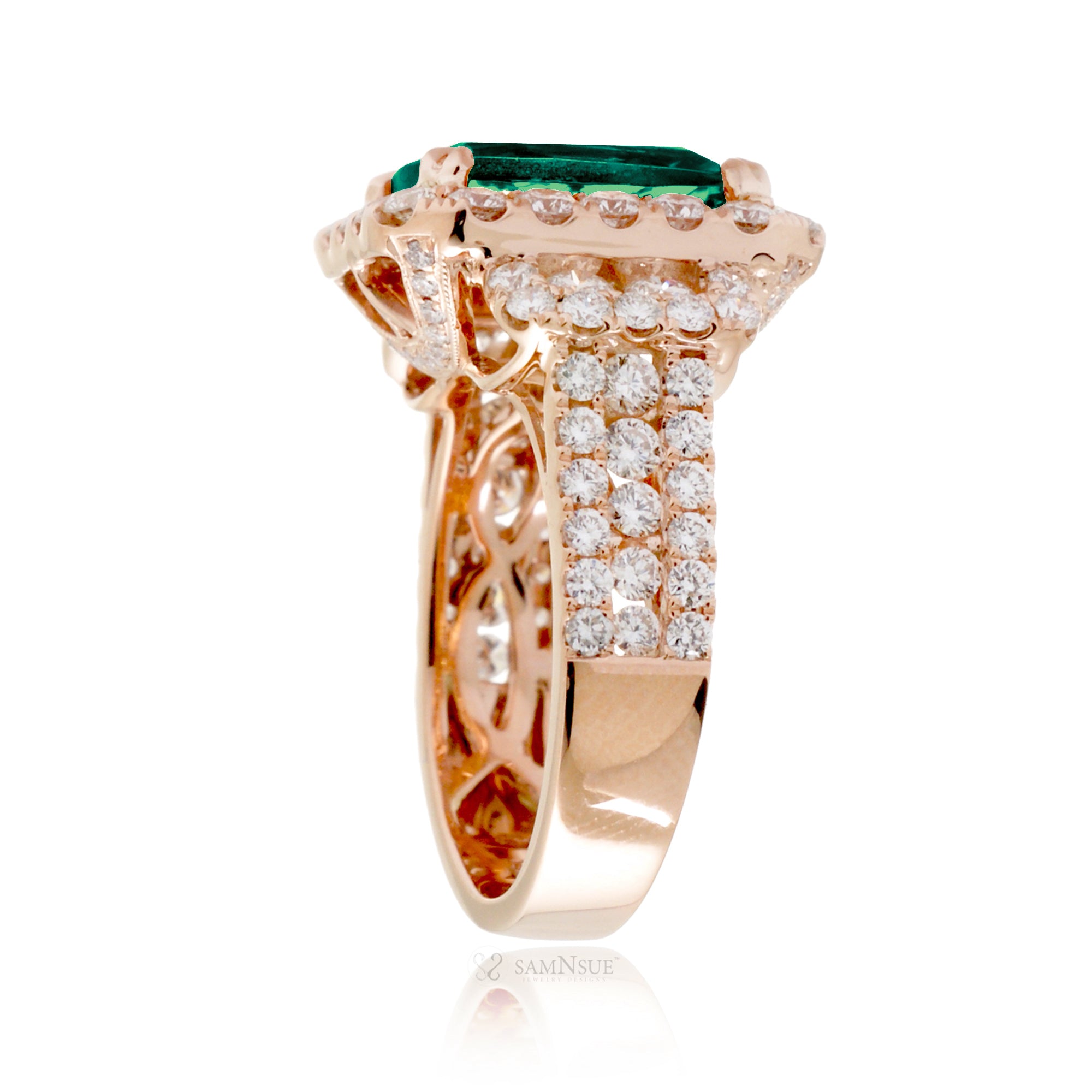 Emerald-Cut Emerald Double Halo Diamond Ring in Rose Gold