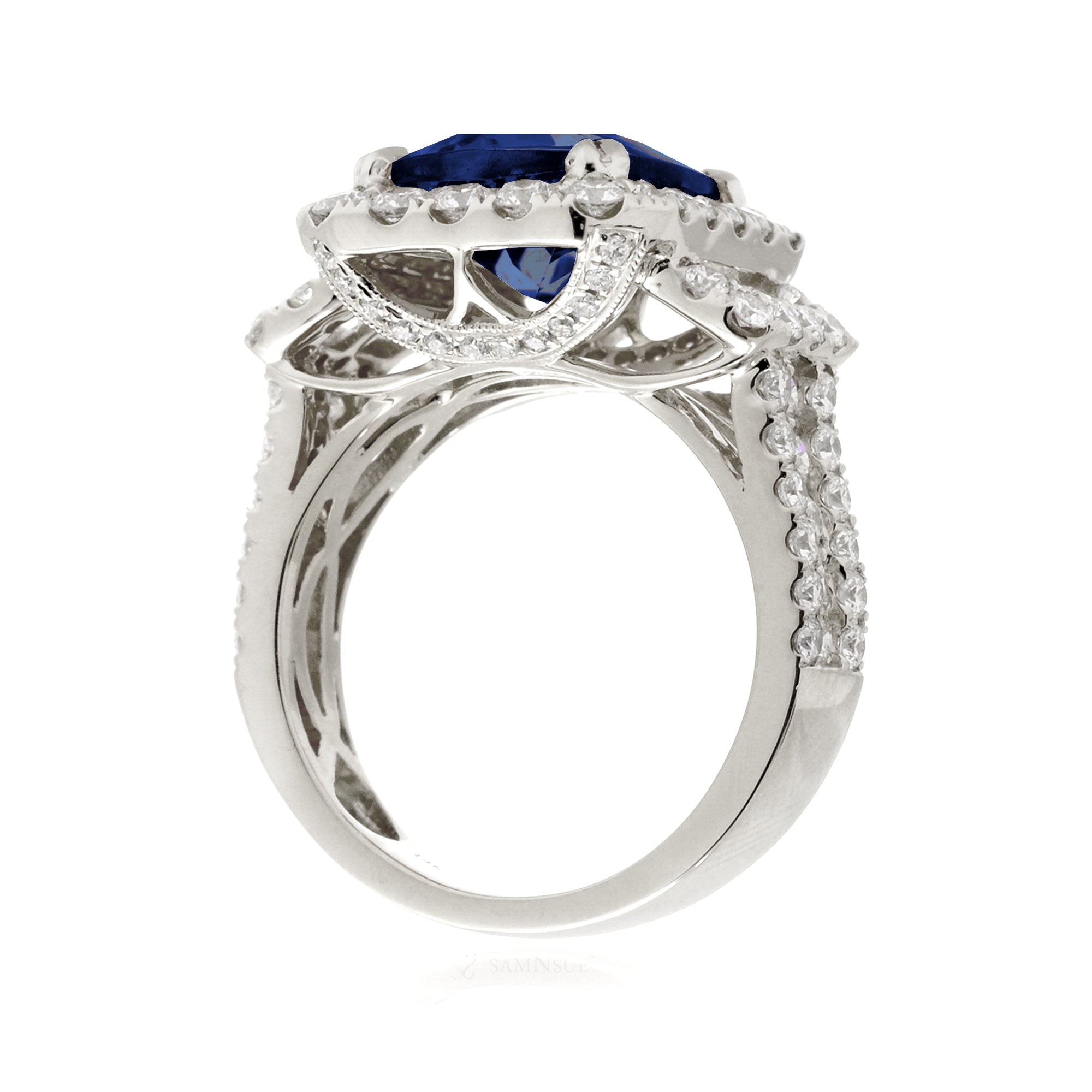 Emerald-Cut Blue Sapphire Double Halo Diamond Ring in White Gold