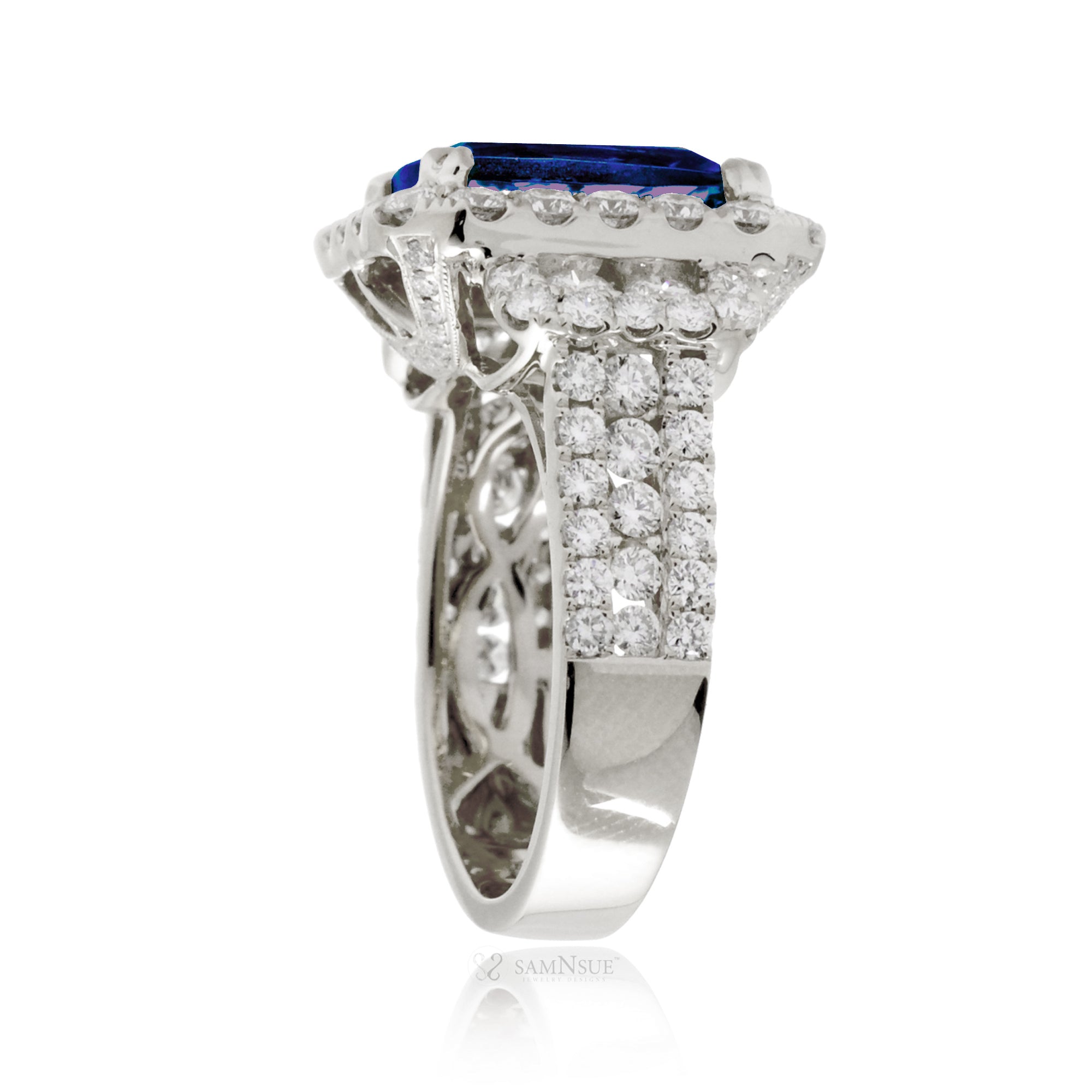 Emerald-Cut Blue Sapphire Double Halo Diamond Ring in White Gold