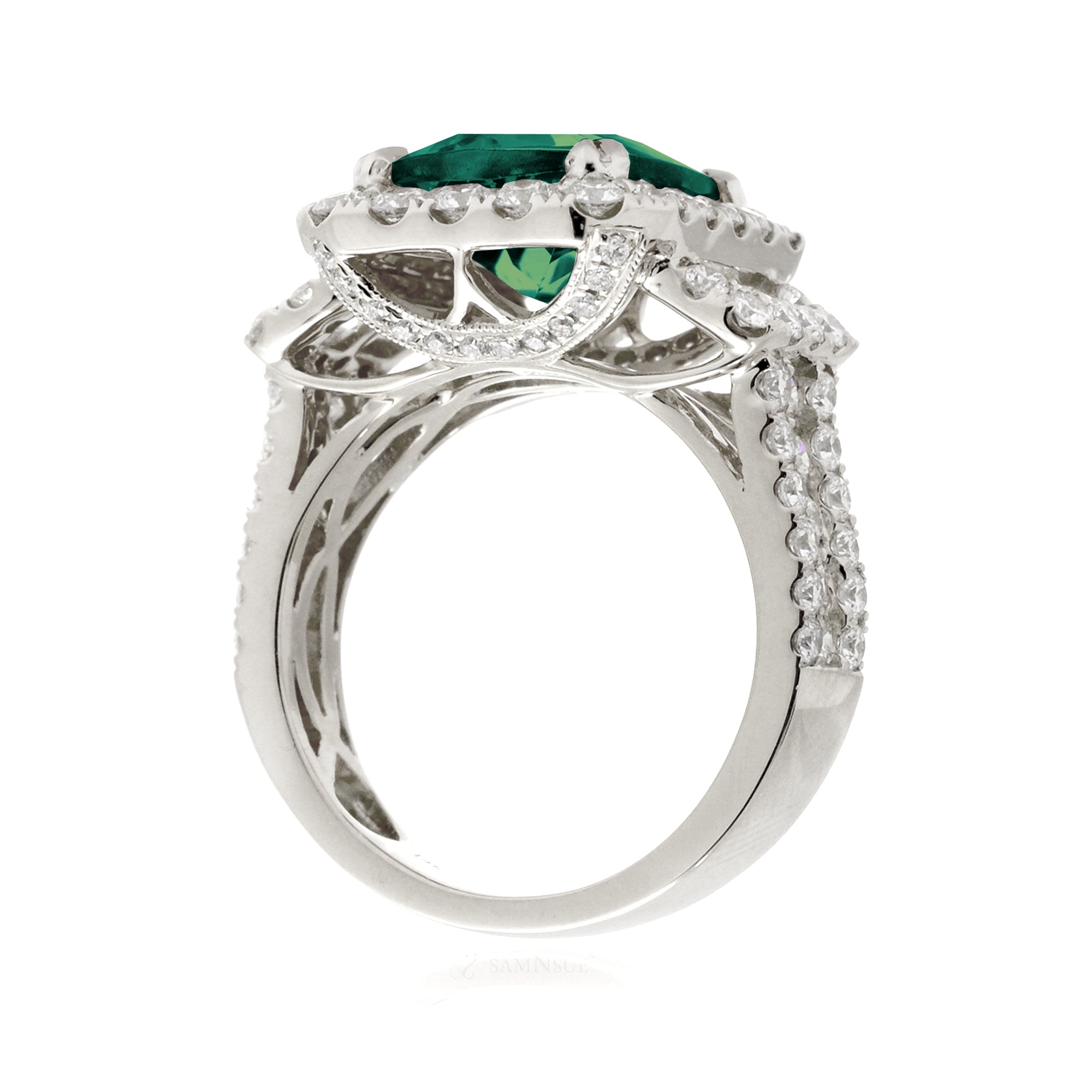 Emerald-Cut Emerald Double Halo Diamond Ring in White Gold