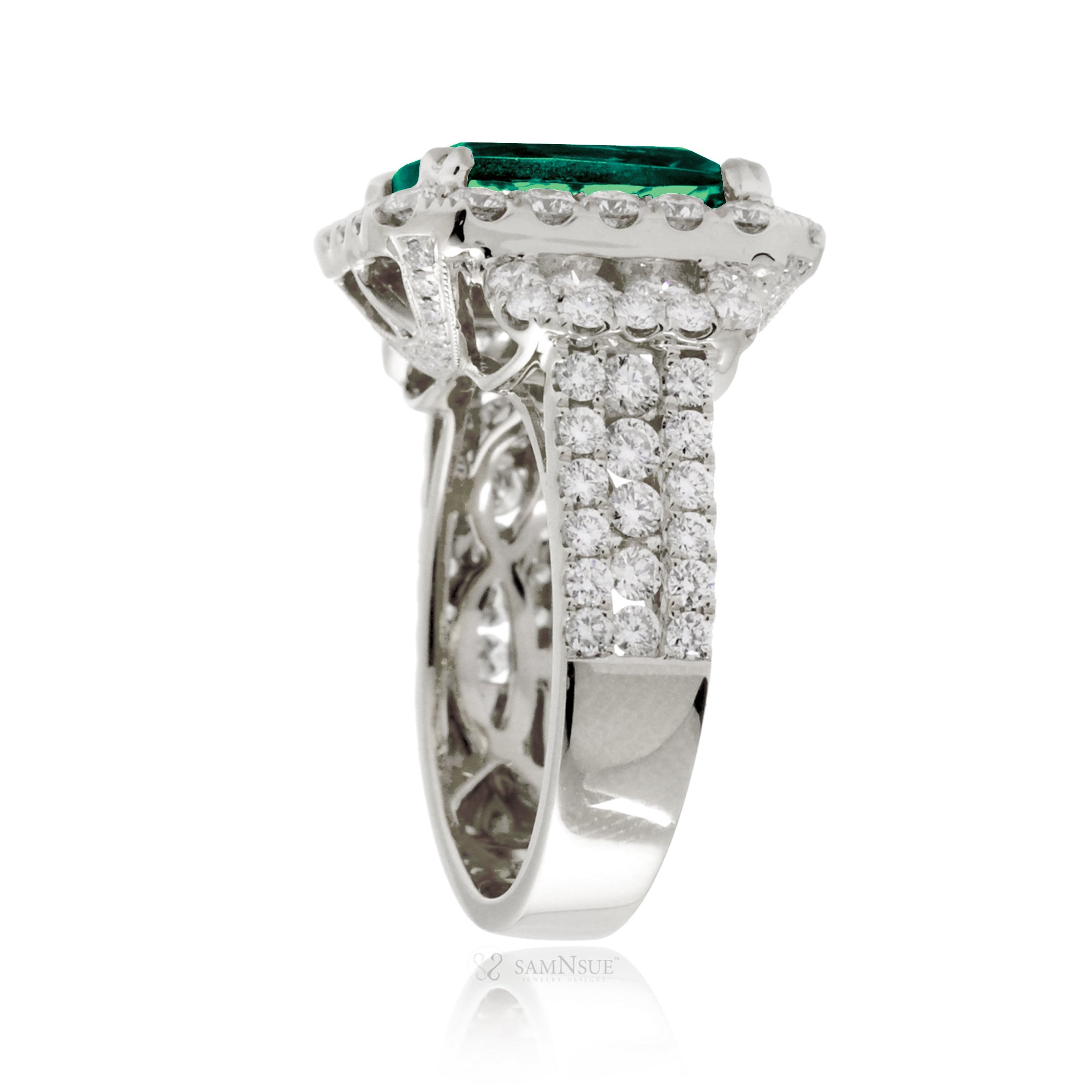Emerald-Cut Emerald Double Halo Diamond Ring in White Gold