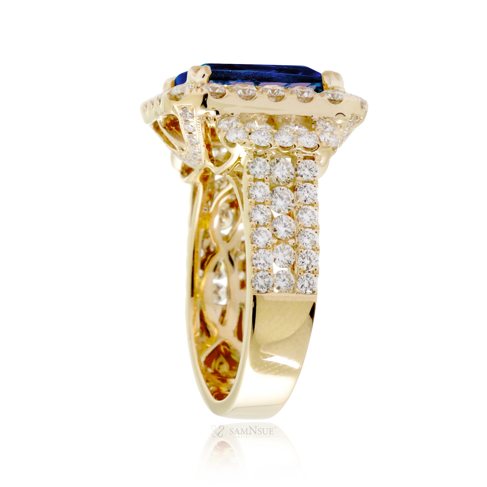 Emerald-Cut Blue Sapphire Double Halo Diamond Ring in Yellow Gold