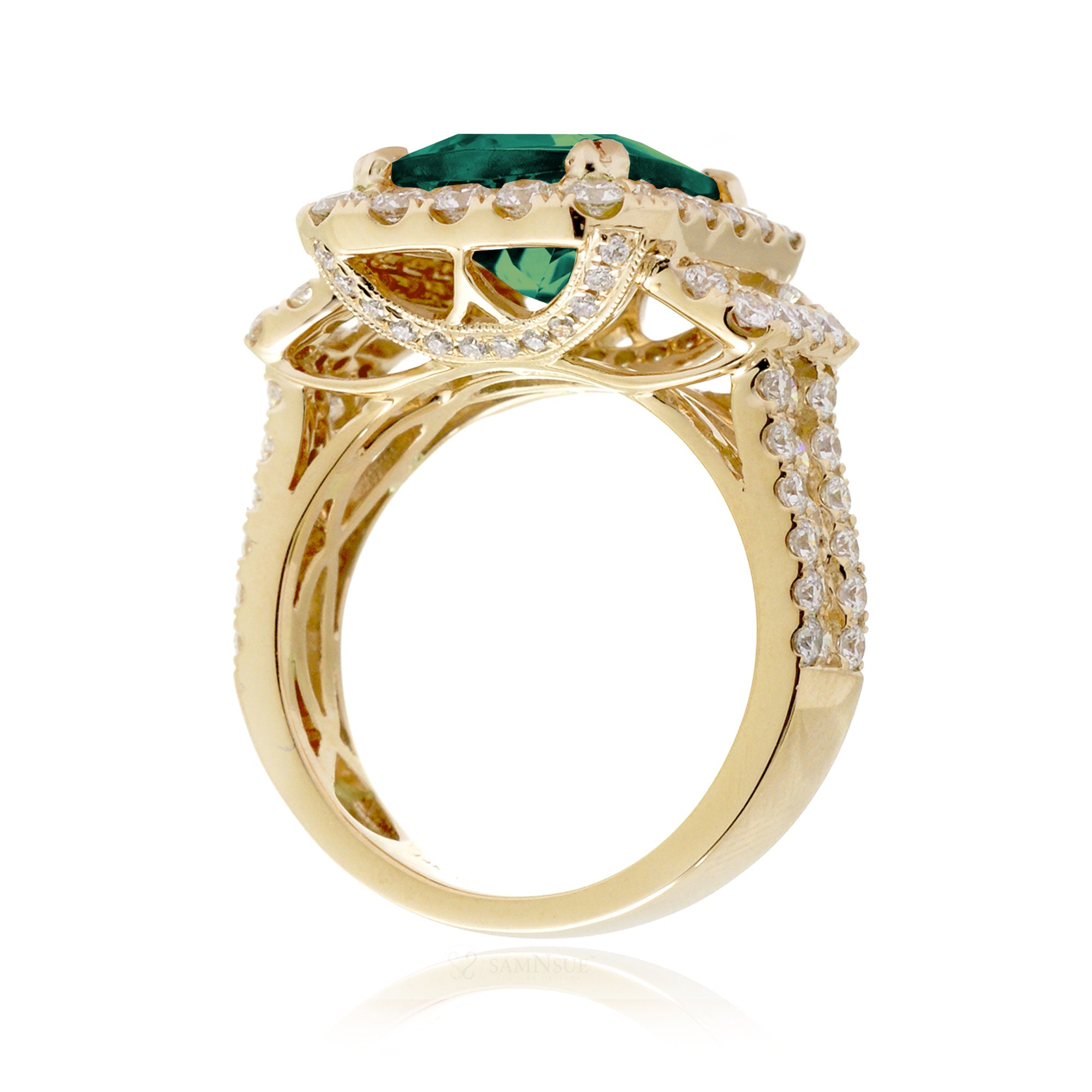 Emerald-Cut Emerald Double Halo Diamond Ring in Yellow Gold