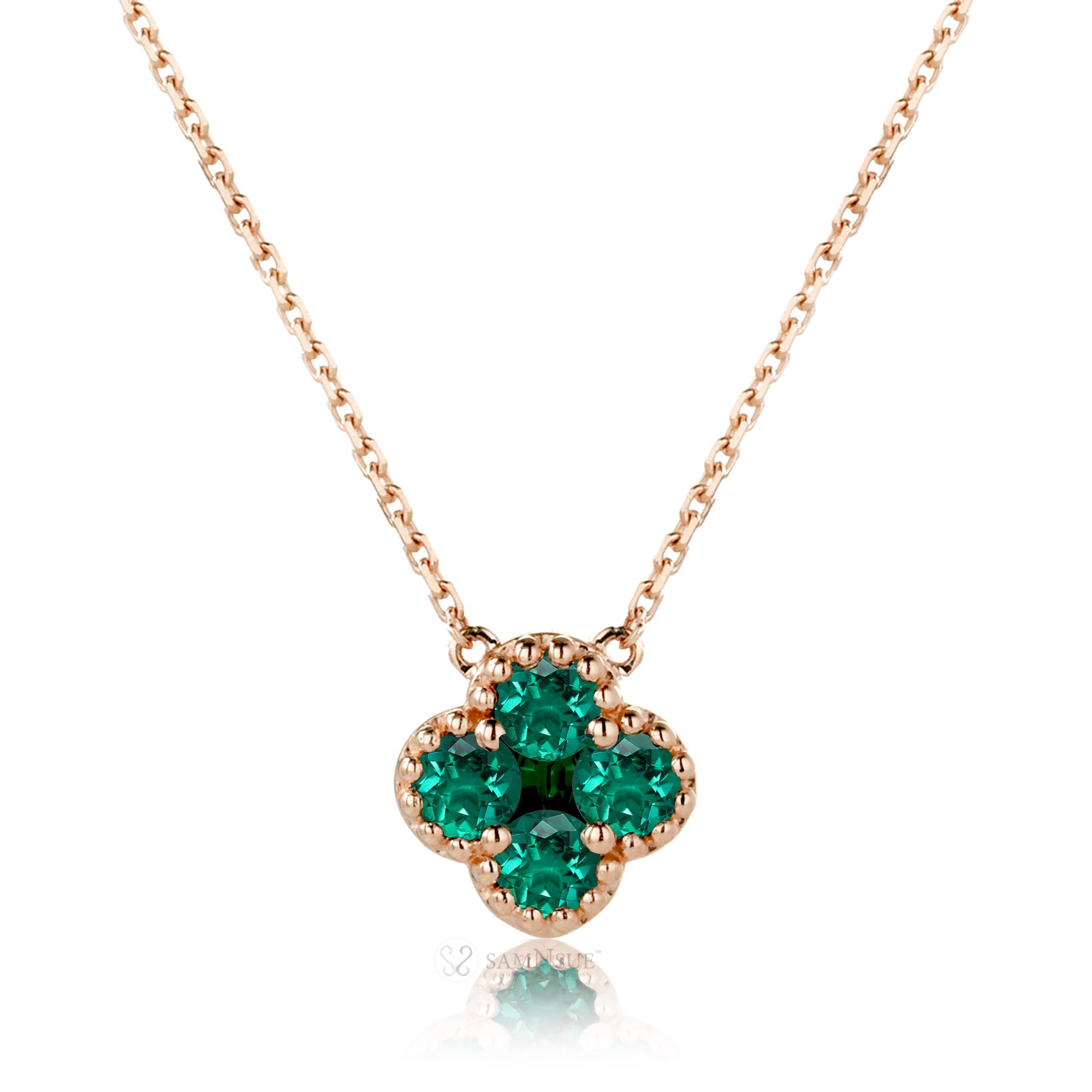 Clover emerald necklace bezel set rose gold