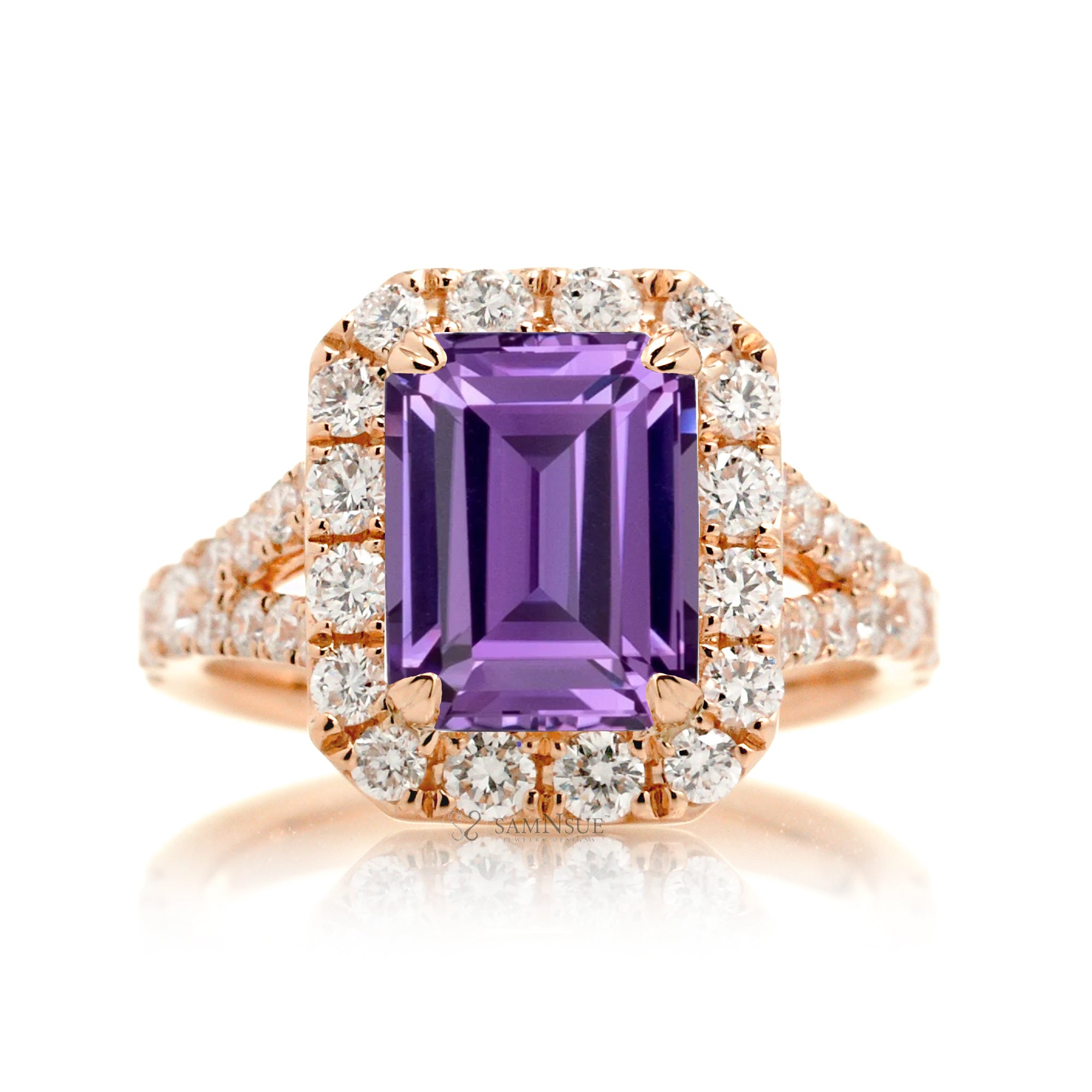 Amethyst Engagement Ring with Emerald Cut and Split Diamond Band – The Meghan in Rose Gold