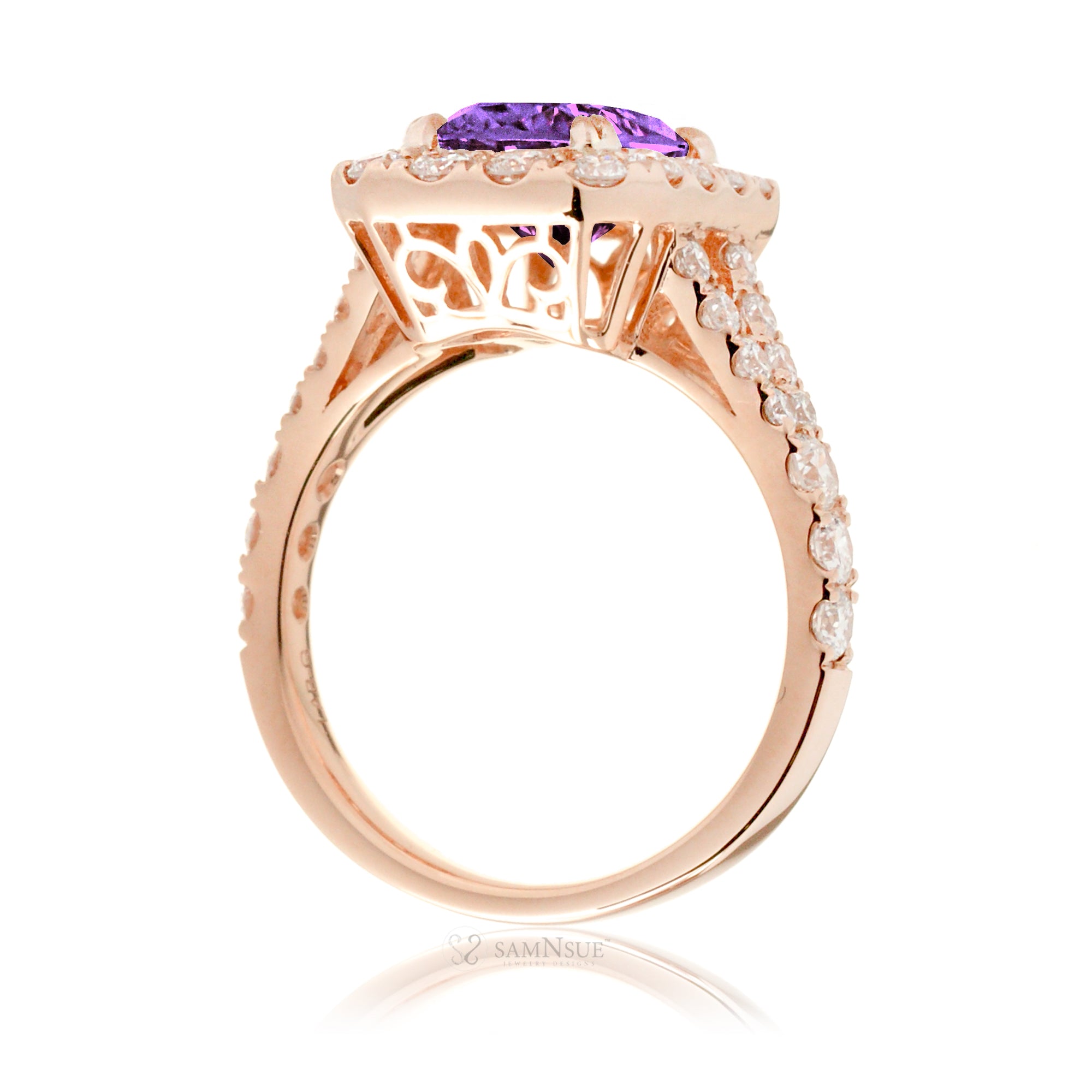 Amethyst Engagement Ring with Emerald Cut and Split Diamond Band – The Meghan in Rose Gold