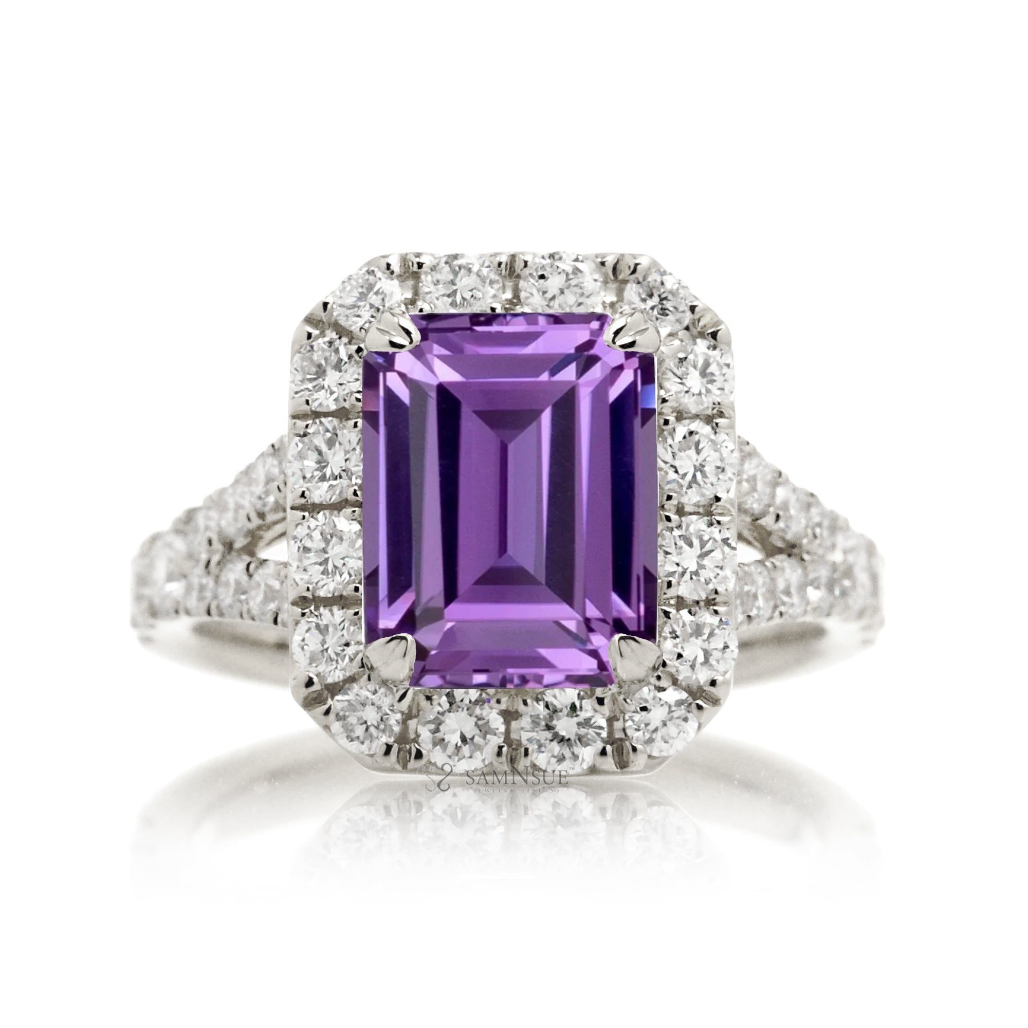Amethyst Engagement Ring with Emerald Cut and Split Diamond Band – The Meghan in White Gold