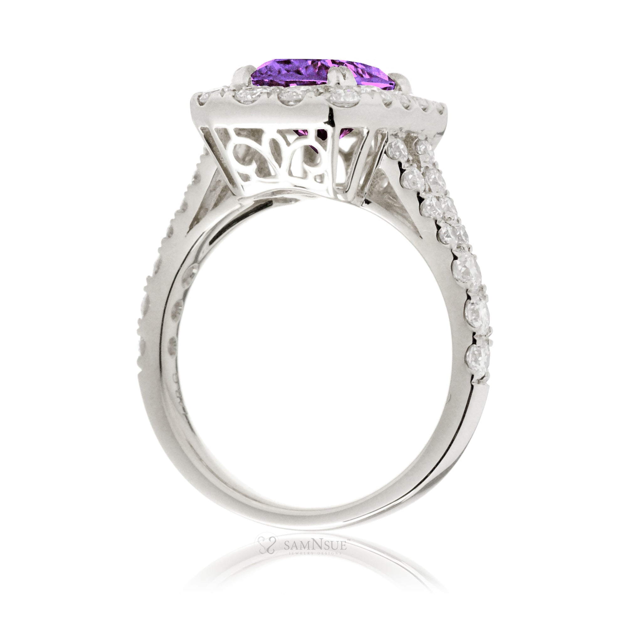 Amethyst Engagement Ring with Emerald Cut and Split Diamond Band – The Meghan in White Gold