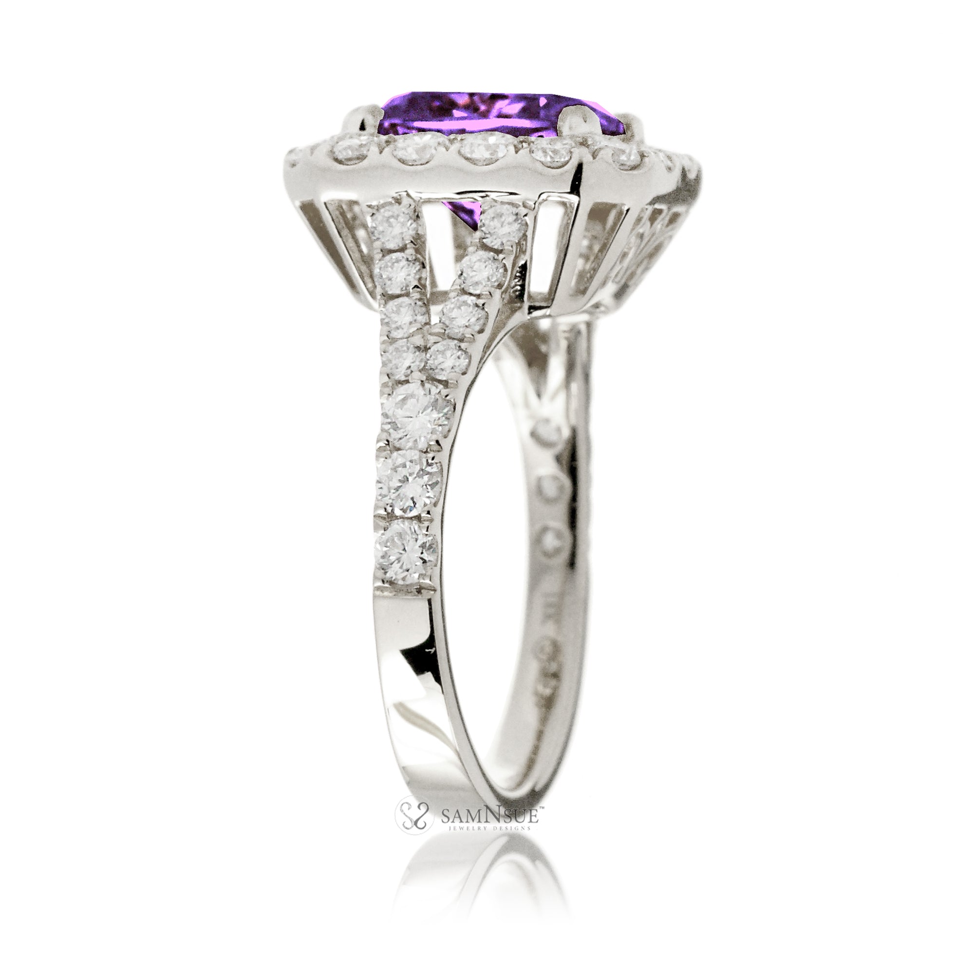 Amethyst Engagement Ring with Emerald Cut and Split Diamond Band – The Meghan in White Gold