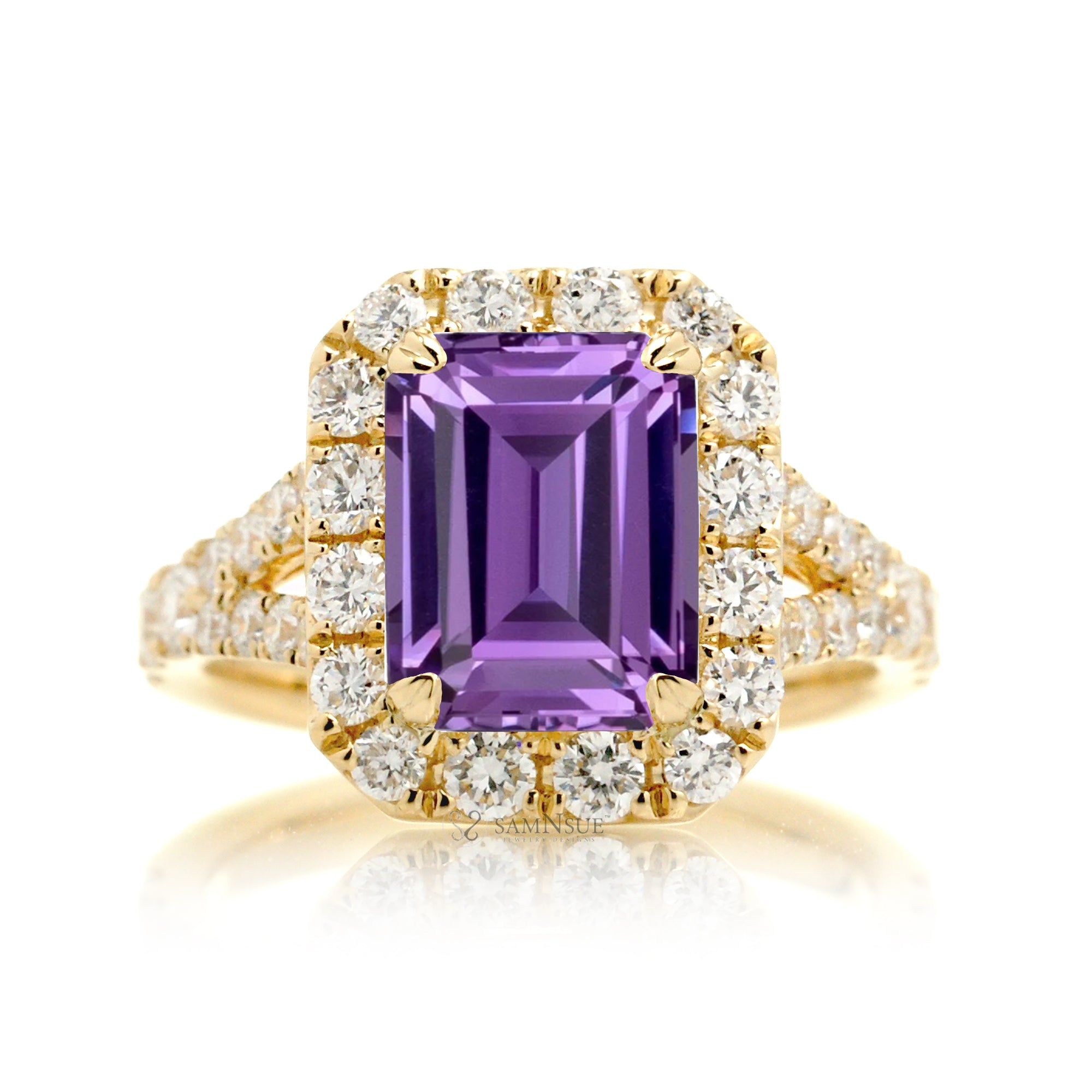 Amethyst Engagement Ring with Emerald Cut and Split Diamond Band – The Meghan in Yellow Gold