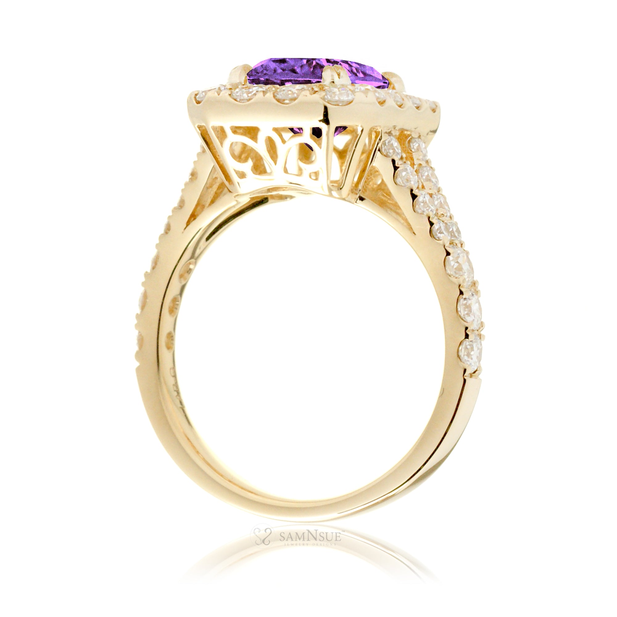 Amethyst Engagement Ring with Emerald Cut and Split Diamond Band – The Meghan in Yellow Gold