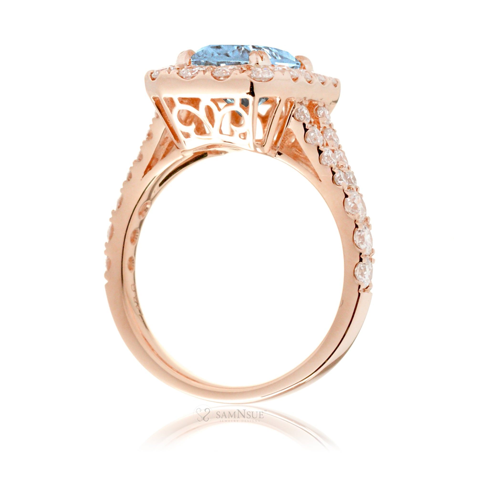 Aquamarine Engagement Ring with Emerald Cut and Split Diamond Band – The Meghan in Rose Gold