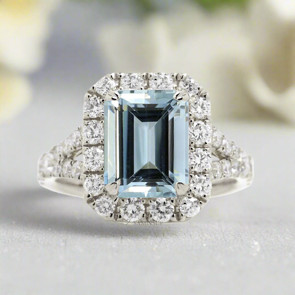 Aquamarine Engagement Ring with Emerald Cut and Split Diamond Band – The Meghan in White Gold