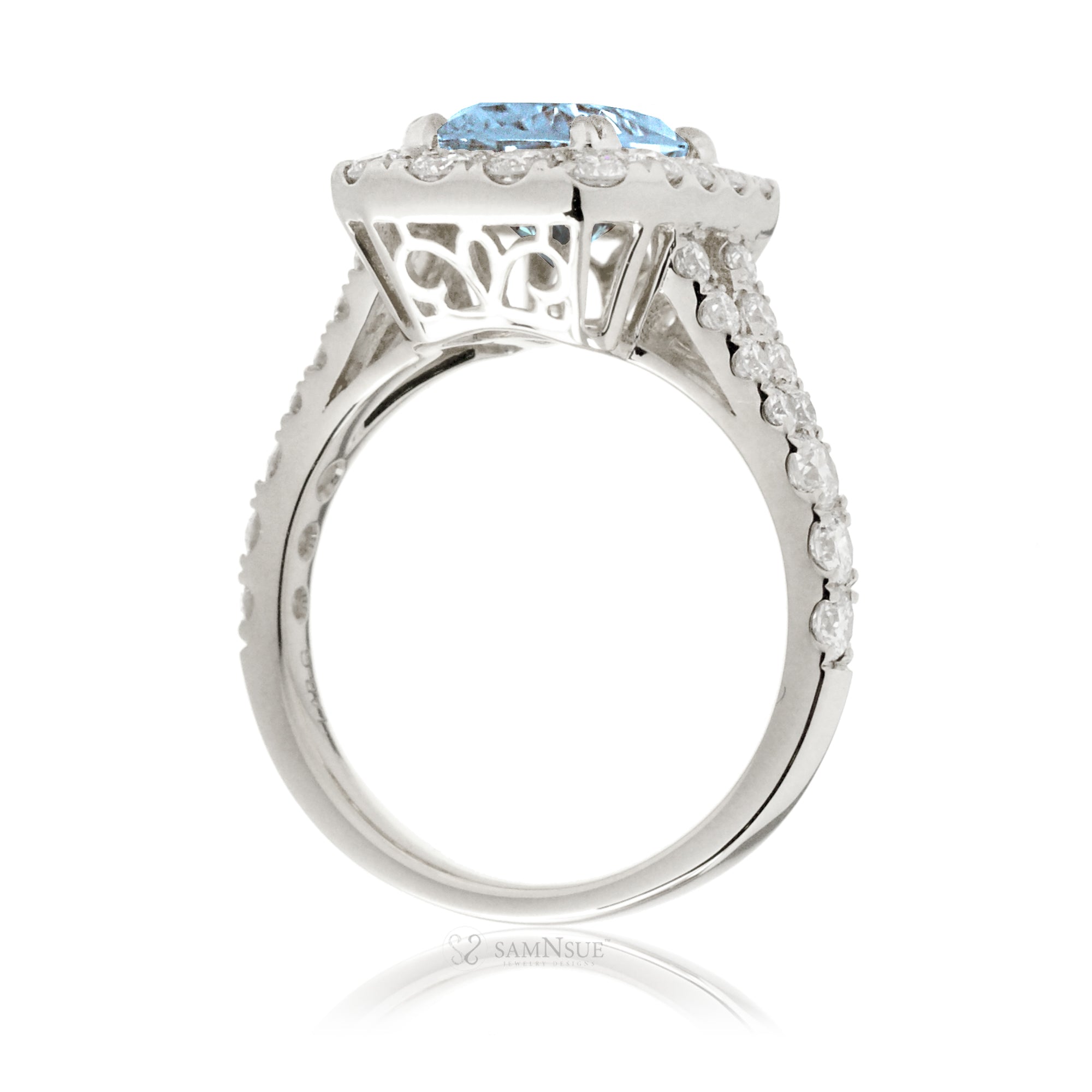 Aquamarine Engagement Ring with Emerald Cut and Split Diamond Band – The Meghan in White Gold