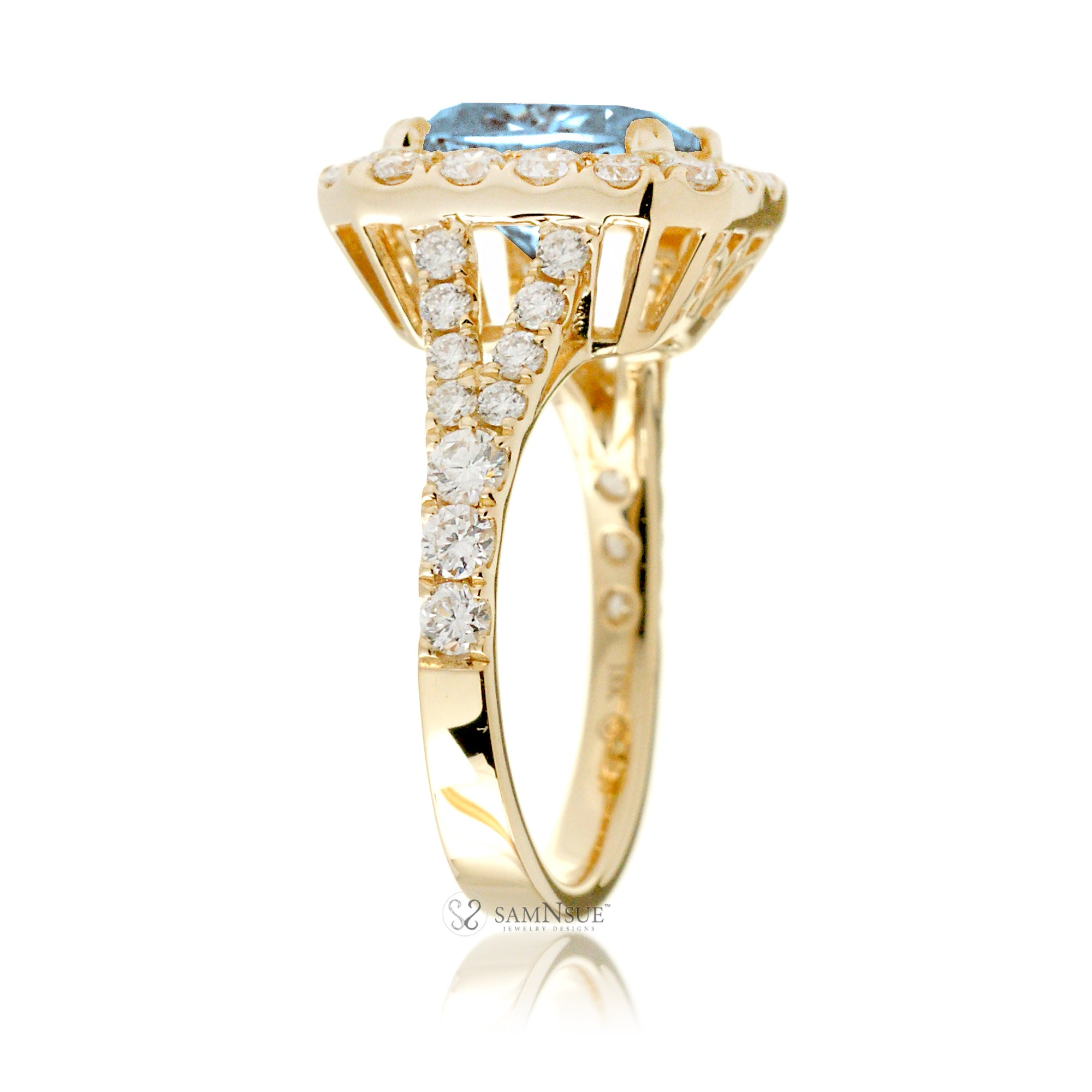 Aquamarine Engagement Ring with Emerald Cut and Split Diamond Band – The Meghan in Yellow Gold
