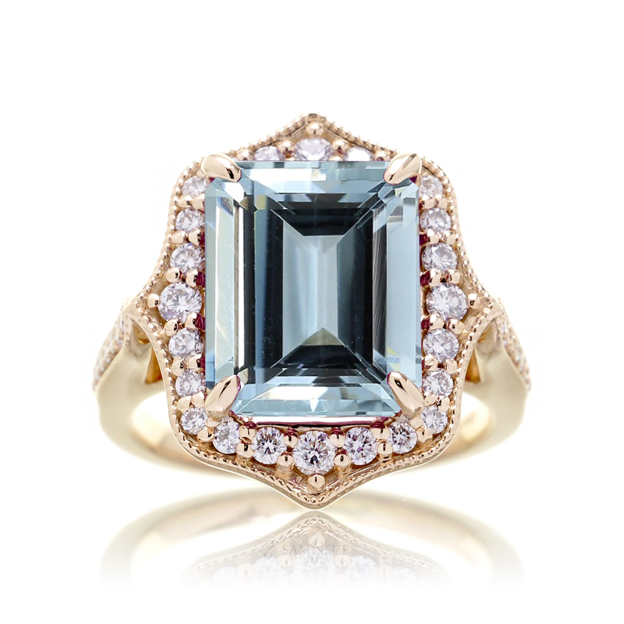 Vintage Aquamarine and Diamond Halo Ring in Yellow Gold