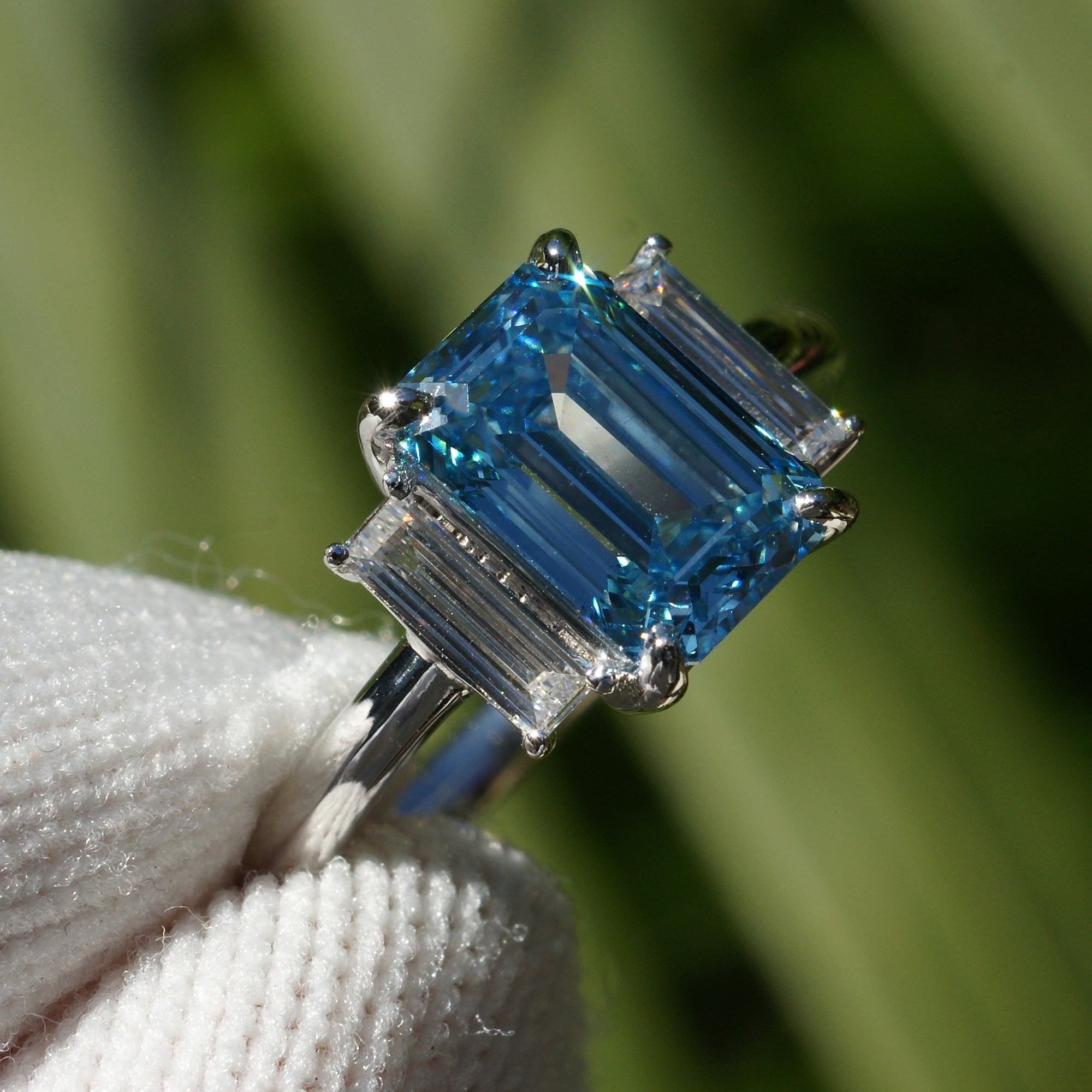 Fancy blue diamond engagement three stone long baguette ring in platinum 2ct to 3ct