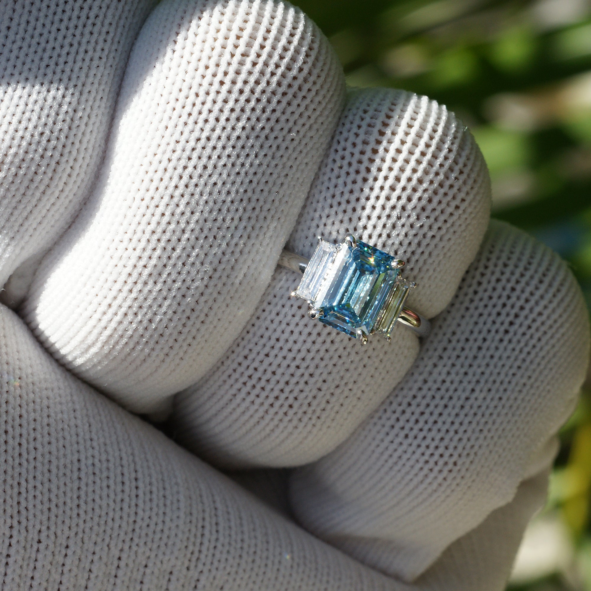 Fancy blue diamond engagement three stone long baguette ring in platinum 2ct to 3ct