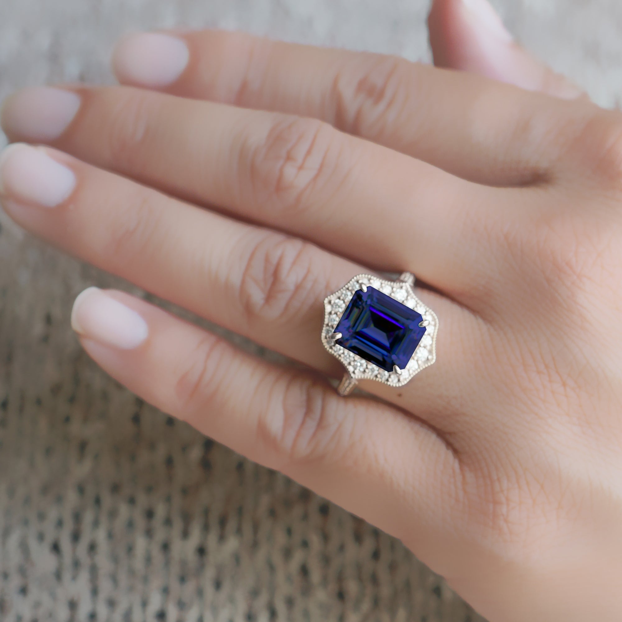 Emerald-Cut Blue Sapphire and Diamond Ring in White Gold