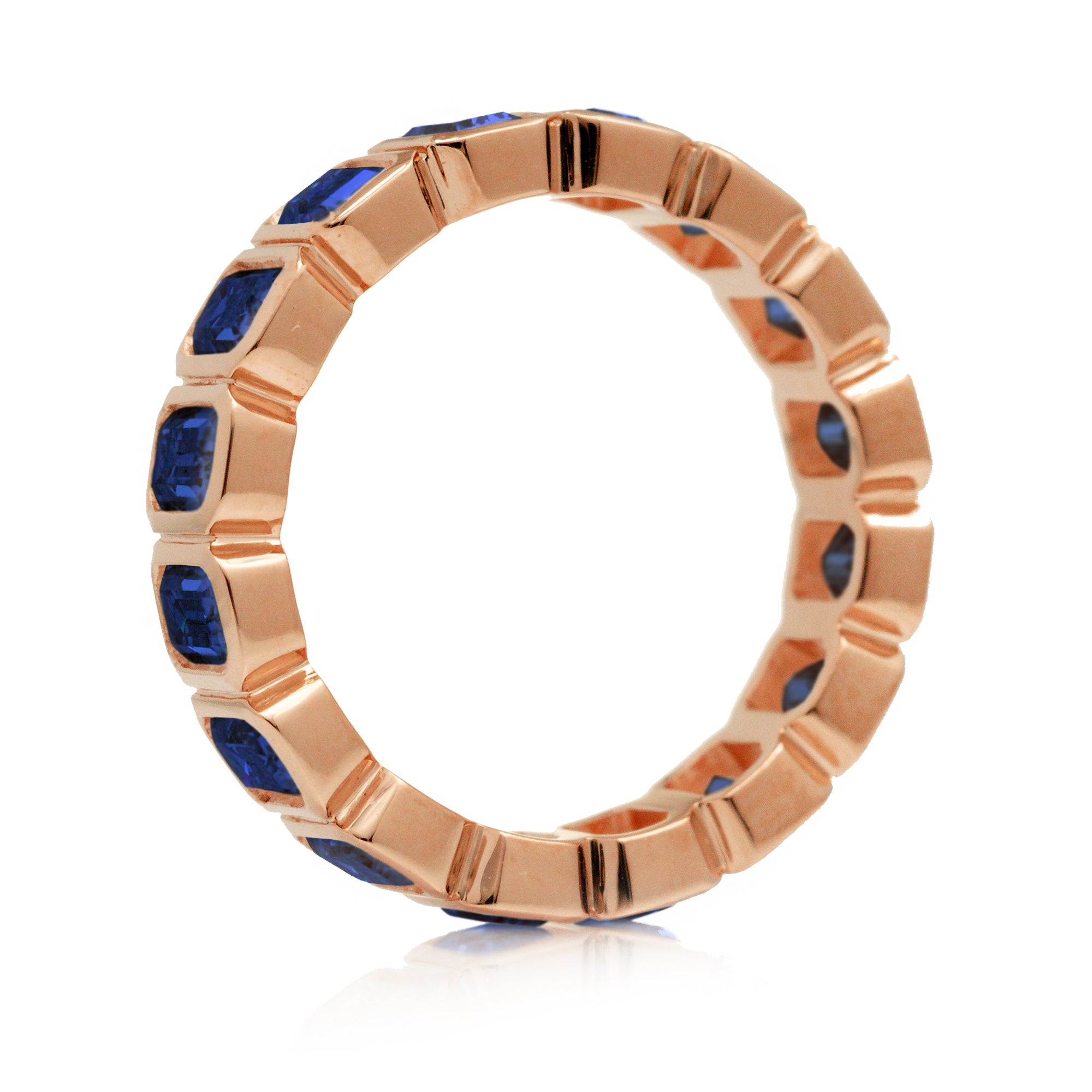 Side View Emerald Cut Blue Sapphire Eternity Band in Rose Gold