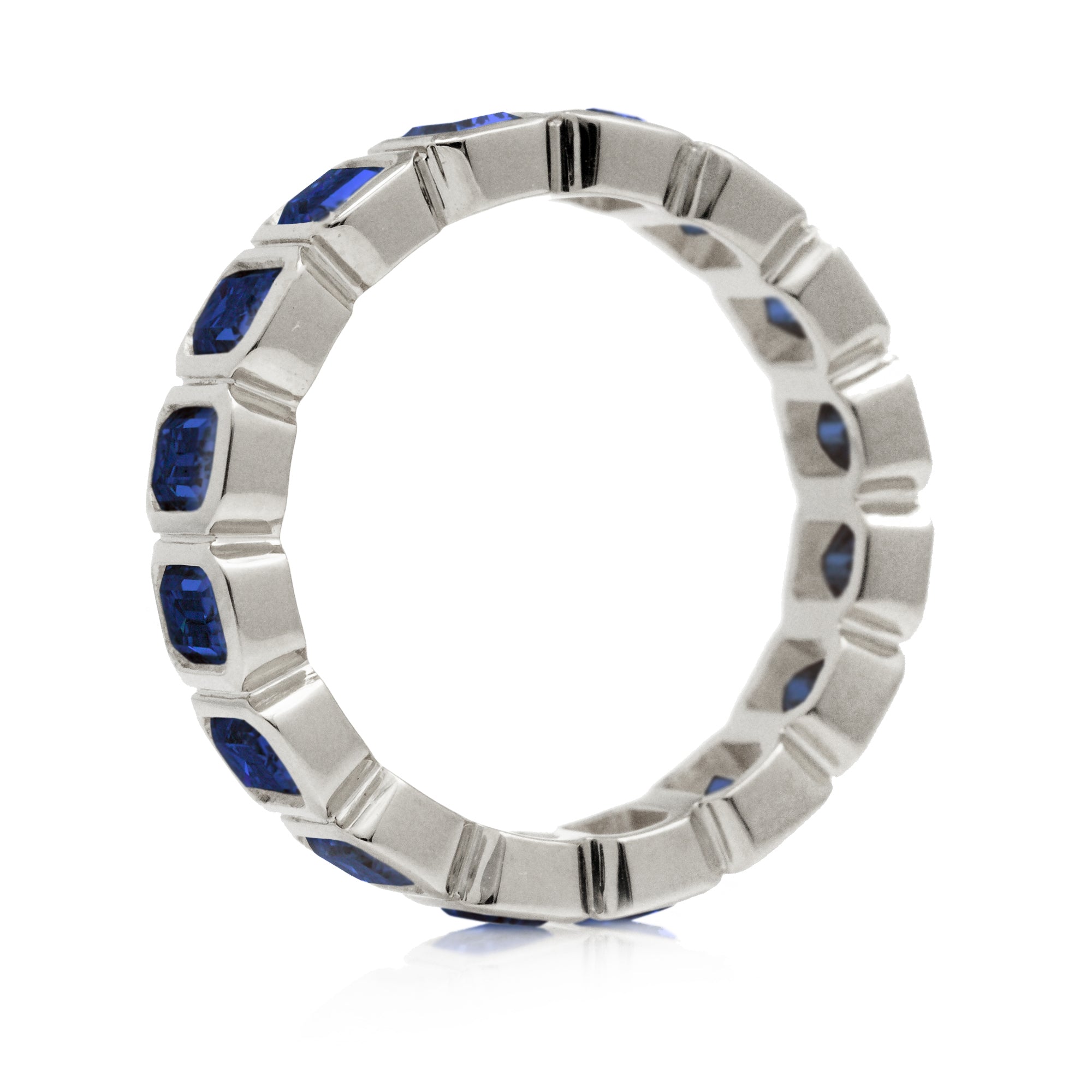 Side View Emerald Cut Blue Sapphire Eternity Band in White Gold