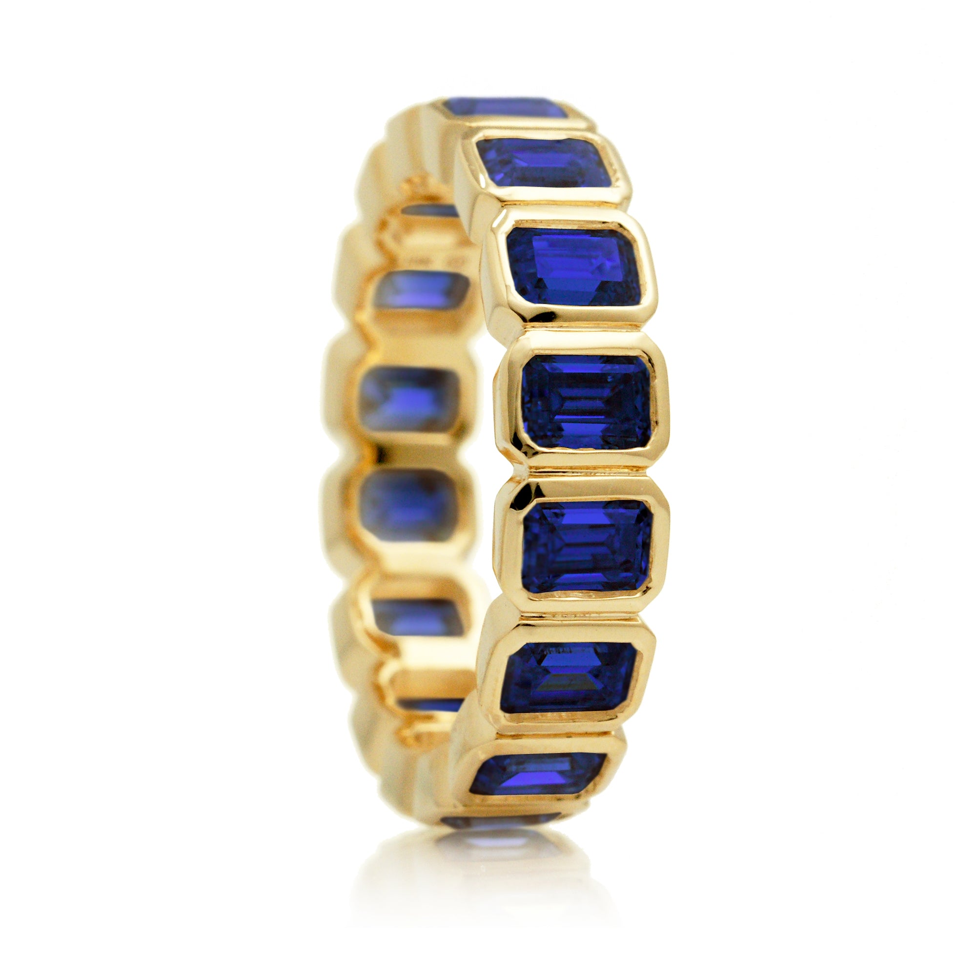 Emerald Cut Blue Sapphire Eternity Band in Yellow Gold