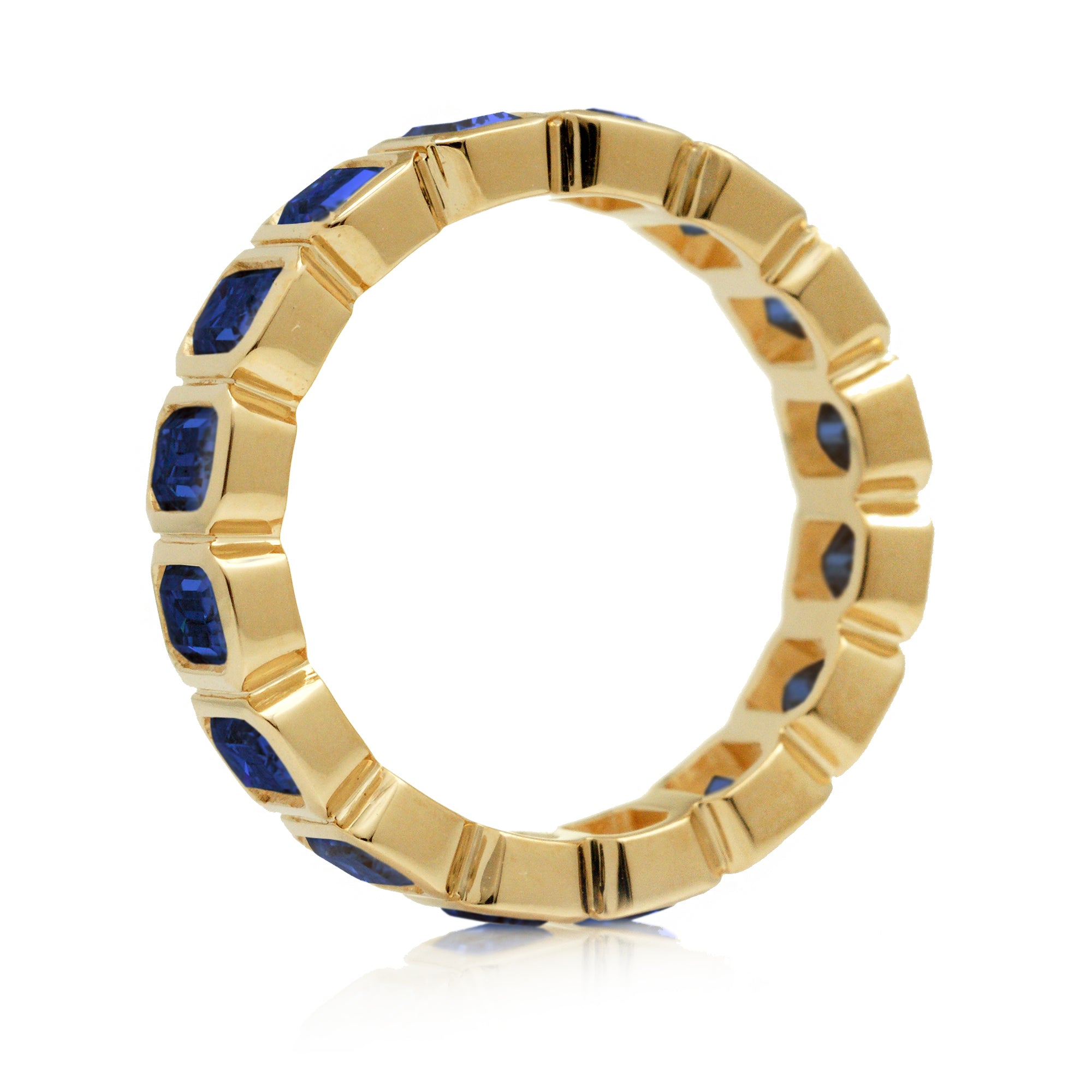 Side View Emerald Cut Blue Sapphire Eternity Band in Yellow Gold