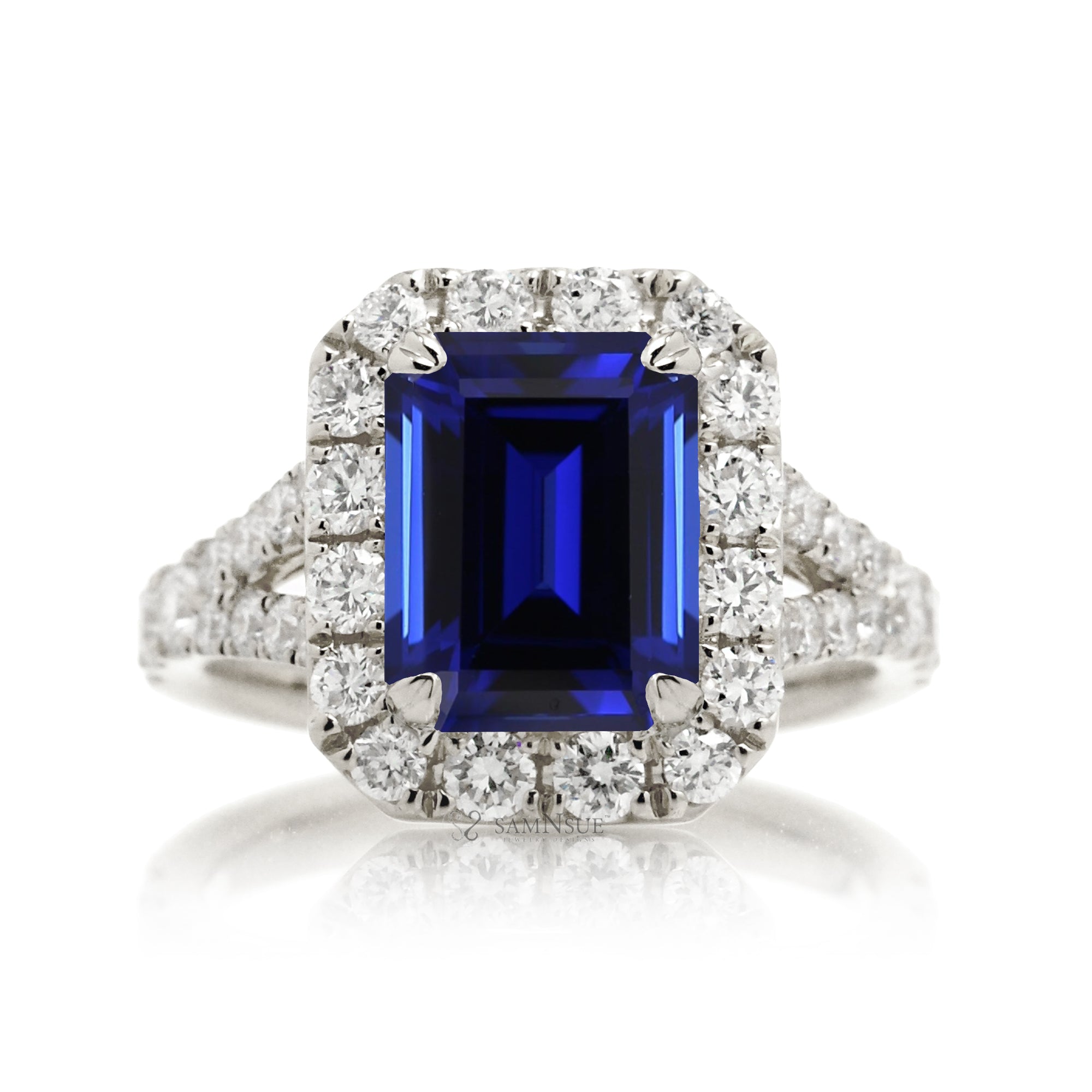 Elegant Blue Sapphire Engagement Ring with Emerald Cut and Split Shank – The Meghan in White Gold