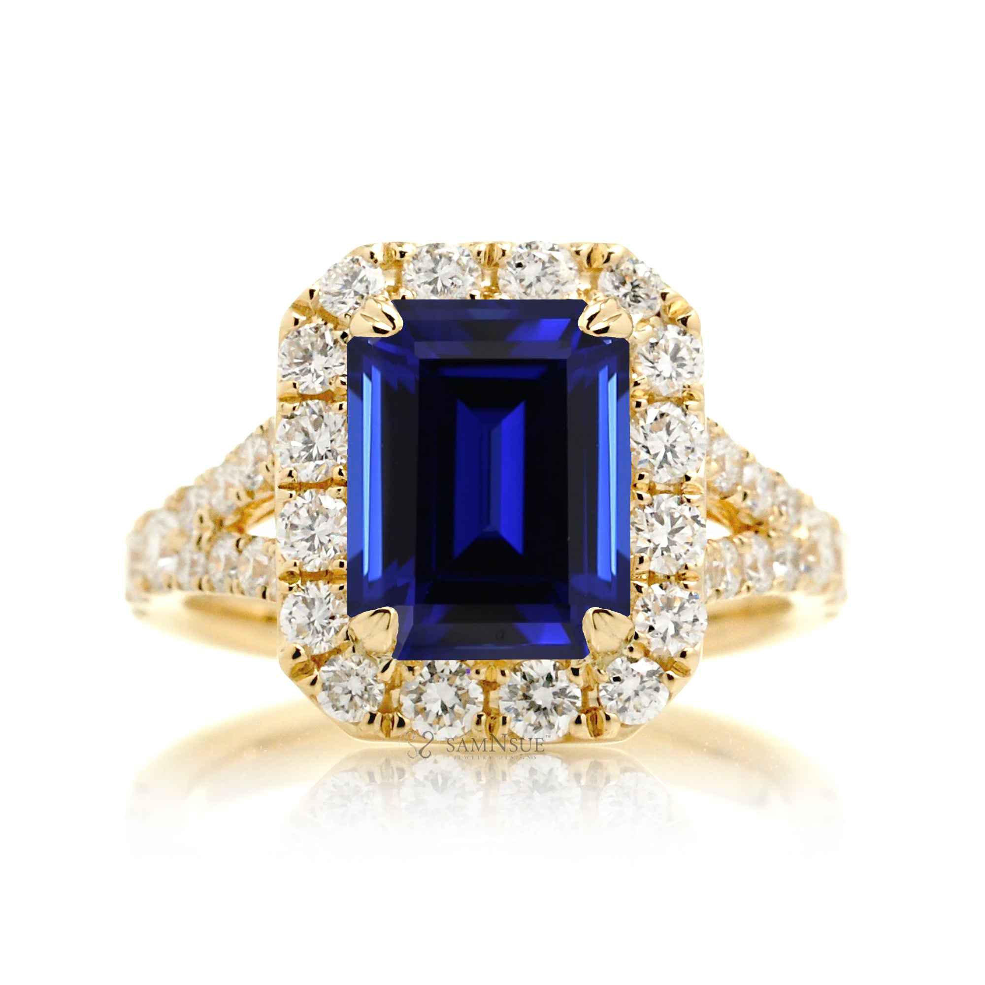 Elegant Blue Sapphire Engagement Ring with Emerald Cut and Split Shank – The Meghan in Yellow Gold