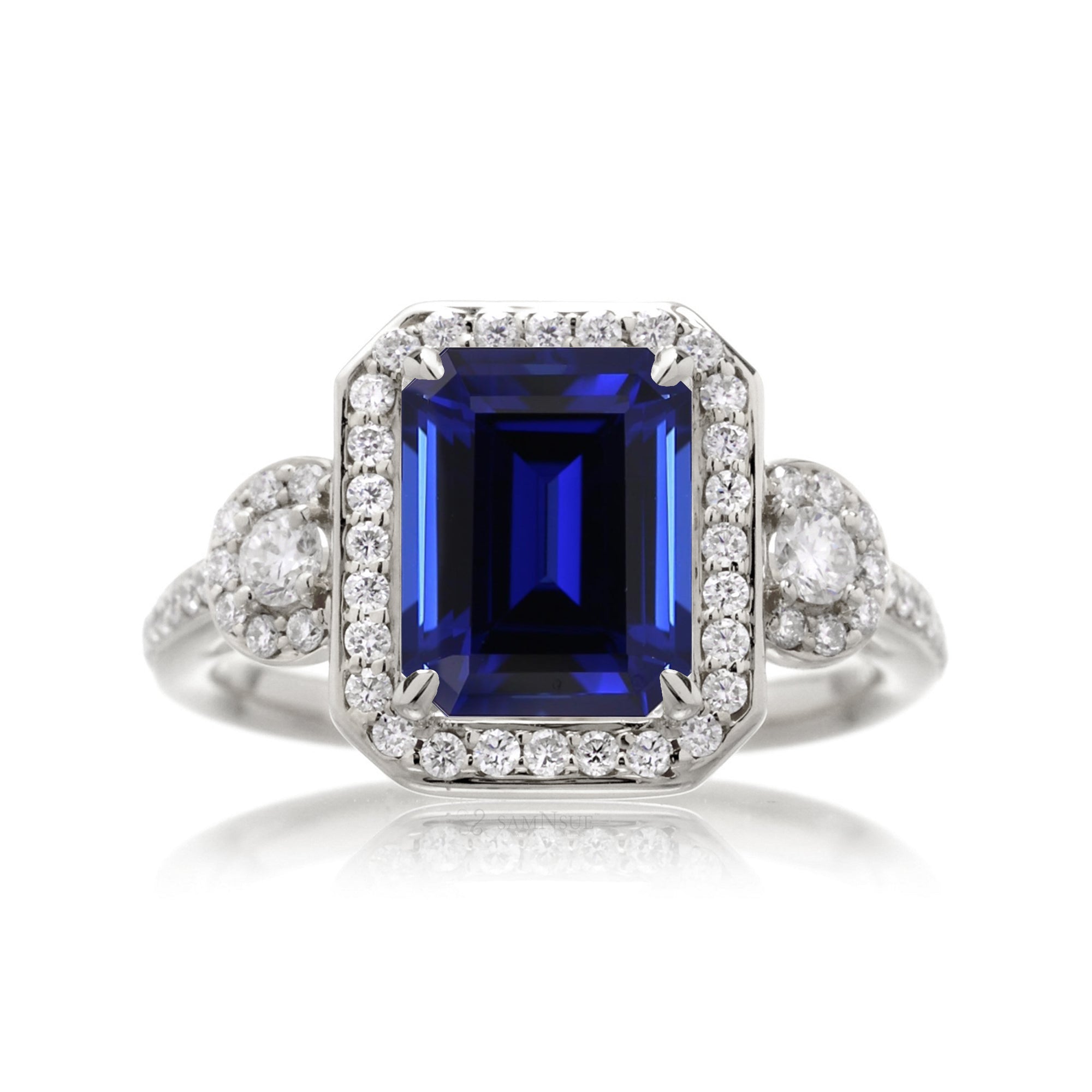 Blue Sapphire Engagement Ring with Halo and Diamond Band White Gold