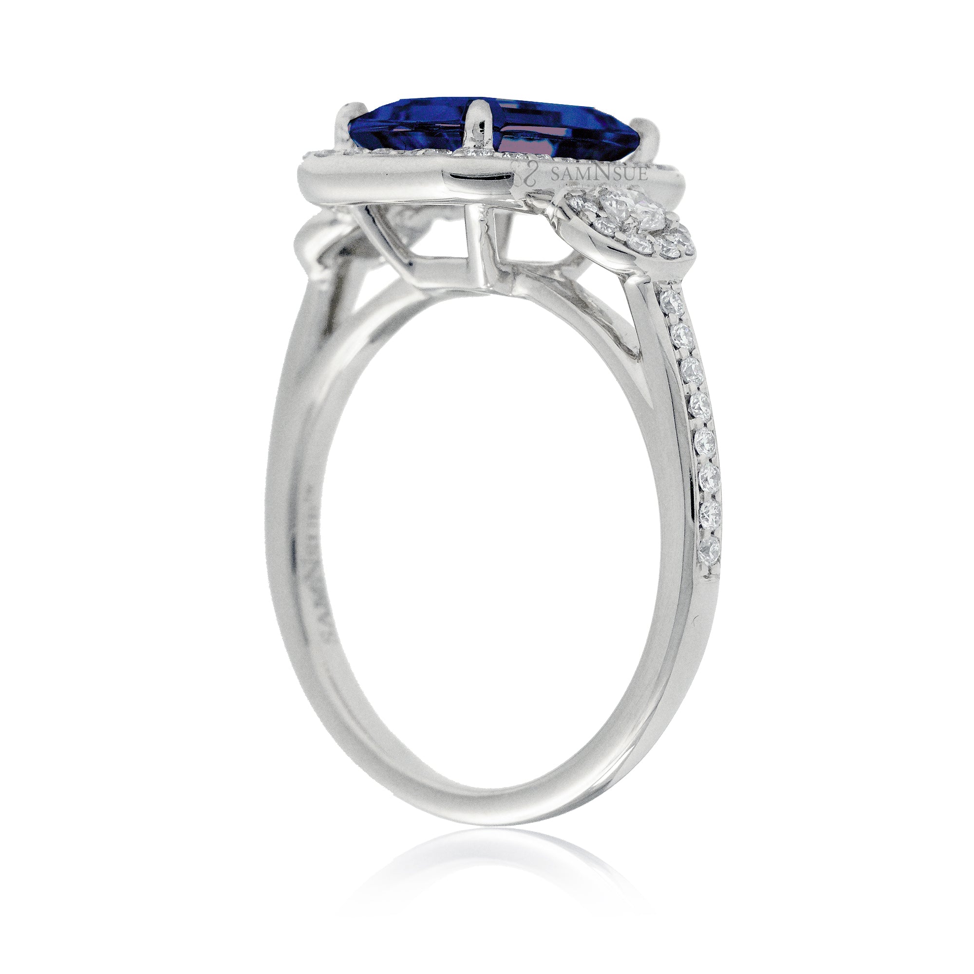Blue Sapphire Engagement Ring with Halo and Diamond Band White Gold